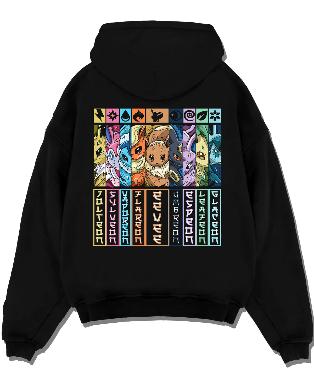 Black hoodie laid flat featuring Eevee evolutions element types Pokemon artwork.