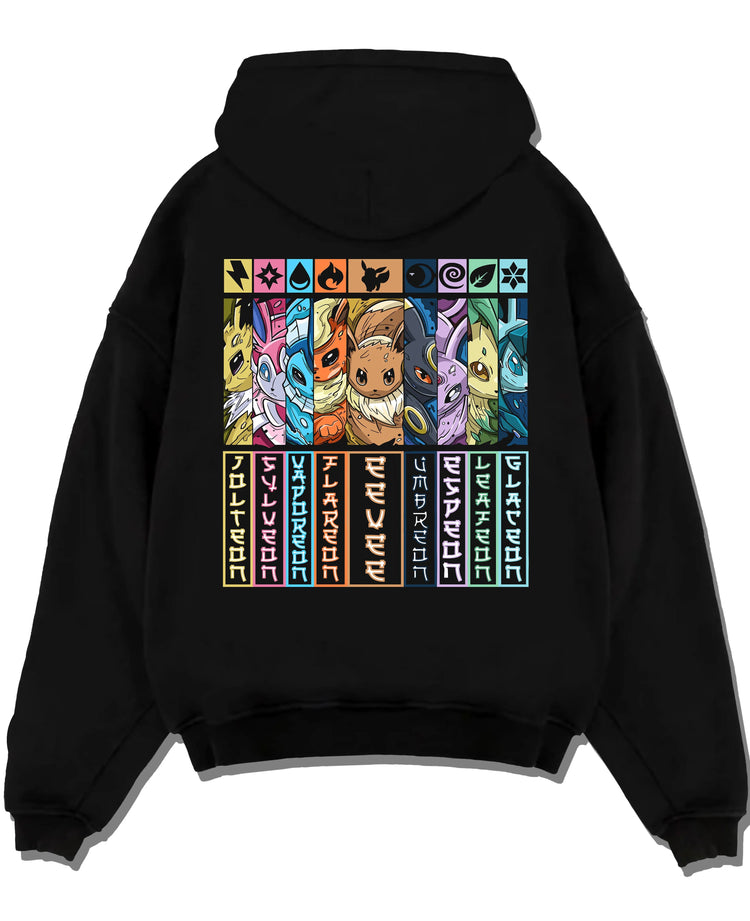 Black hoodie laid flat featuring Eevee evolutions element types Pokemon artwork.