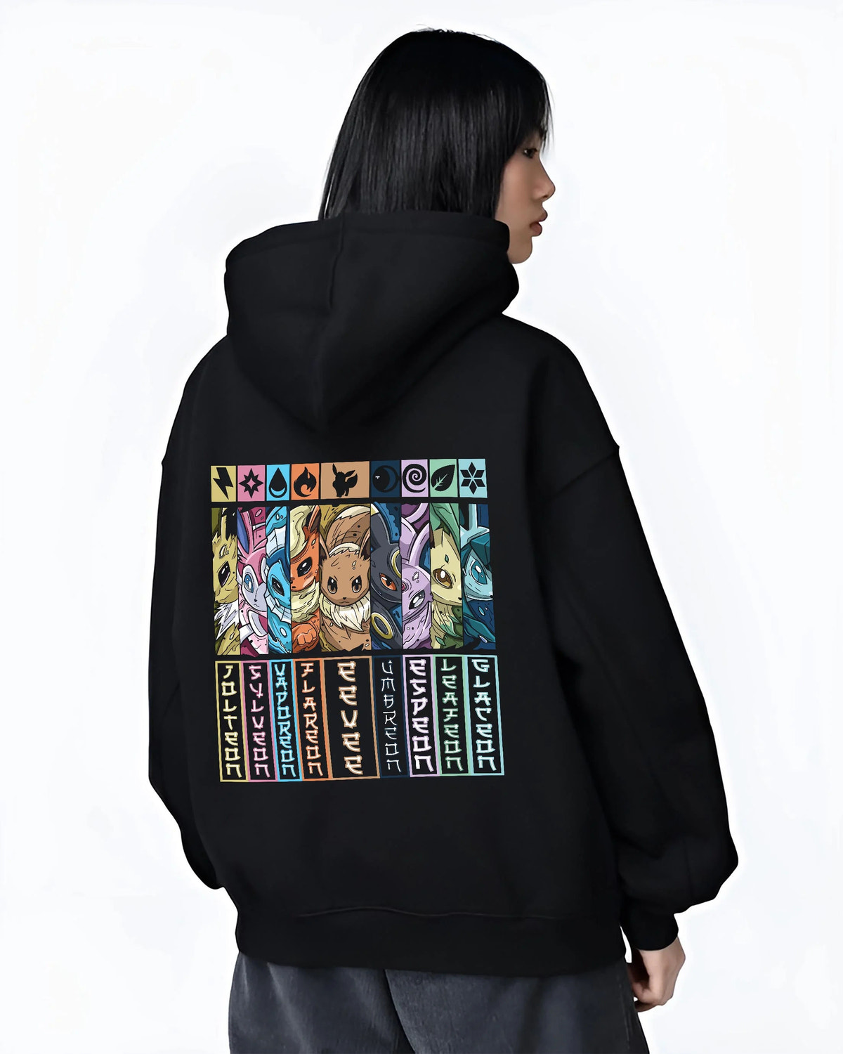 Black hoodie worn by female model from the back featuring Eevee evolutions element types Pokemon artwork.