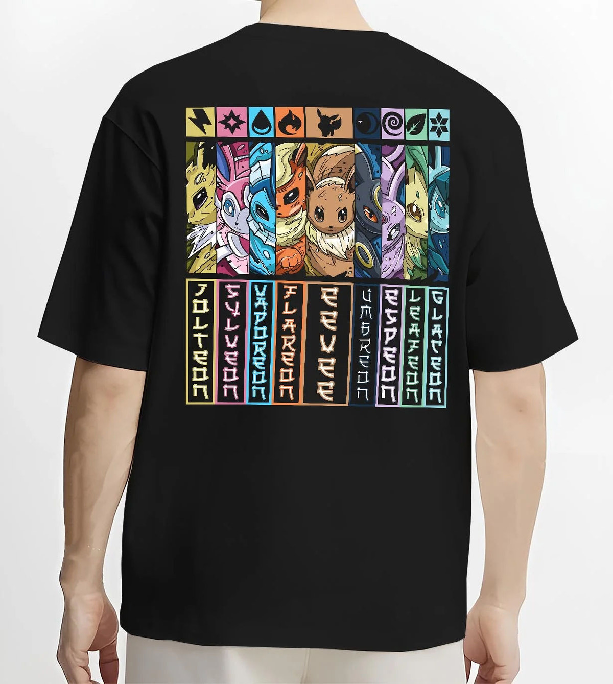 Black T-shirt worn by male model from the back featuring Eevee evolutions element types Pokemon artwork.