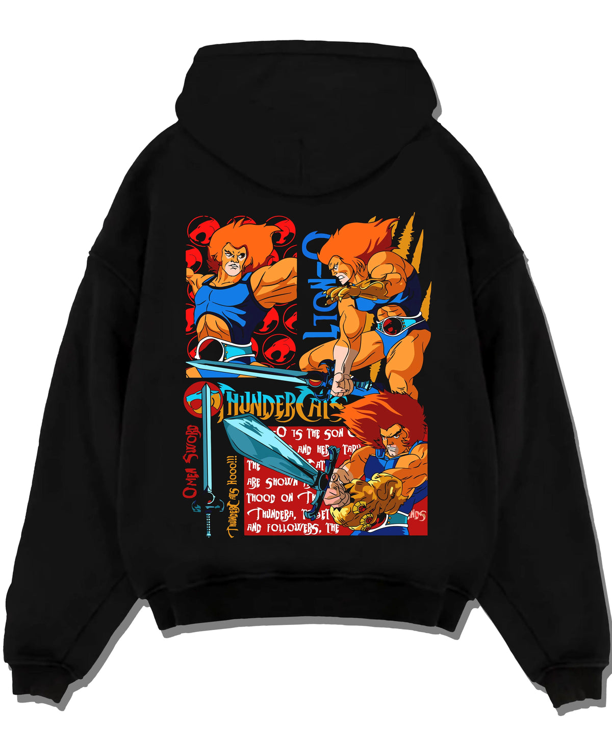 Black hoodie laid flat featuring Lion-O Sword of Omens team ThunderCats artwork.