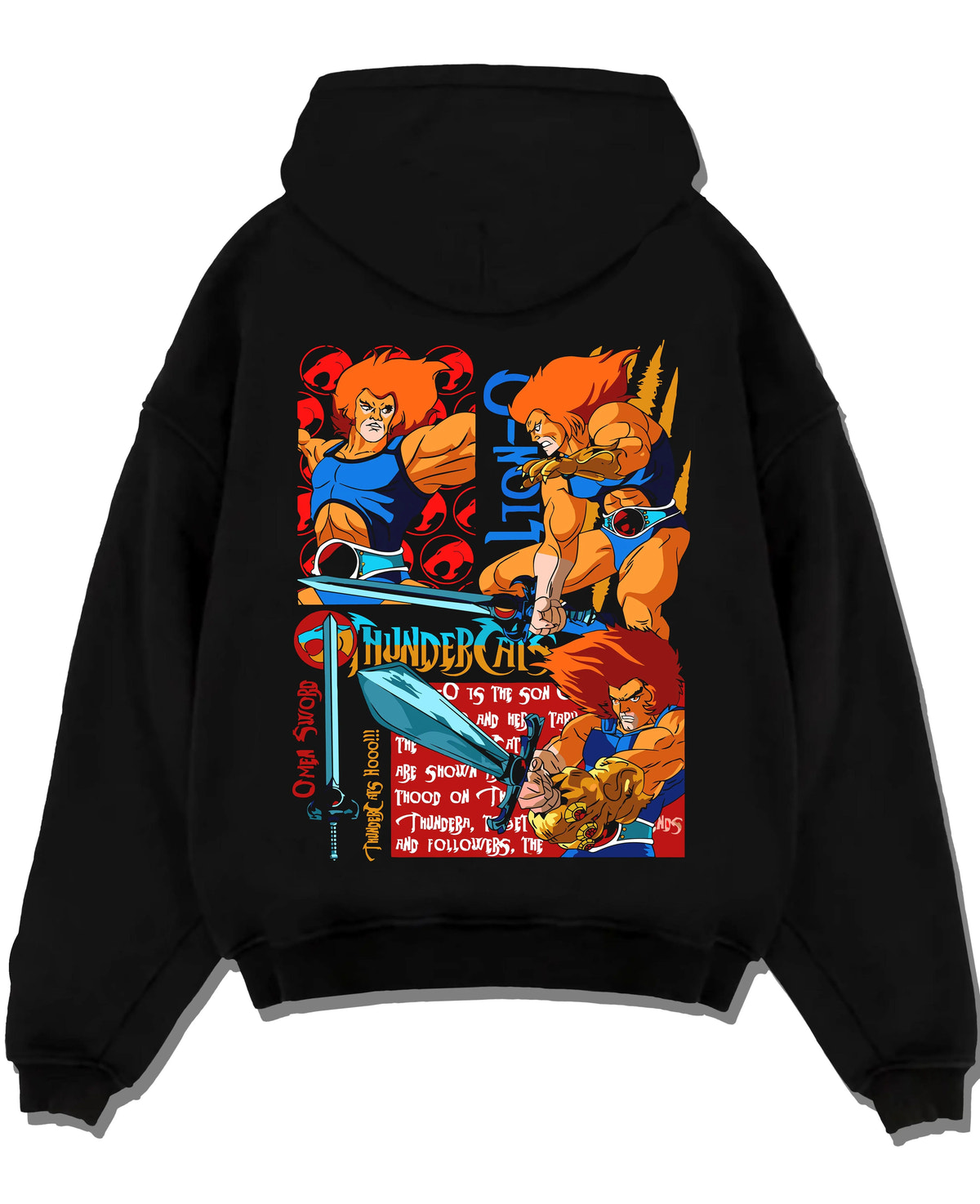 Black hoodie laid flat featuring Lion-O Sword of Omens team ThunderCats artwork.