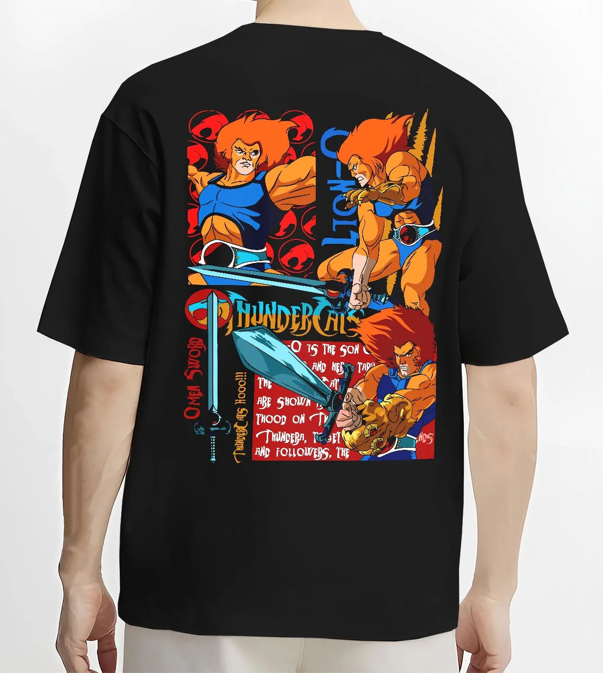 Black T-shirt worn by male model from the back featuring Lion-O Sword of Omens team ThunderCats artwork.