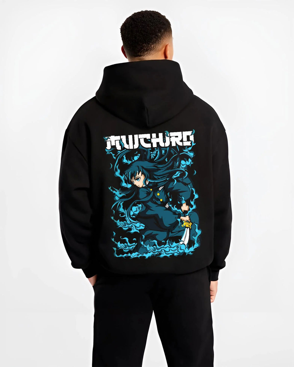 Black hoodie worn by male model from the back featuring Muichiro Tokito Mist Breathing sword Demon Slayer artwork.