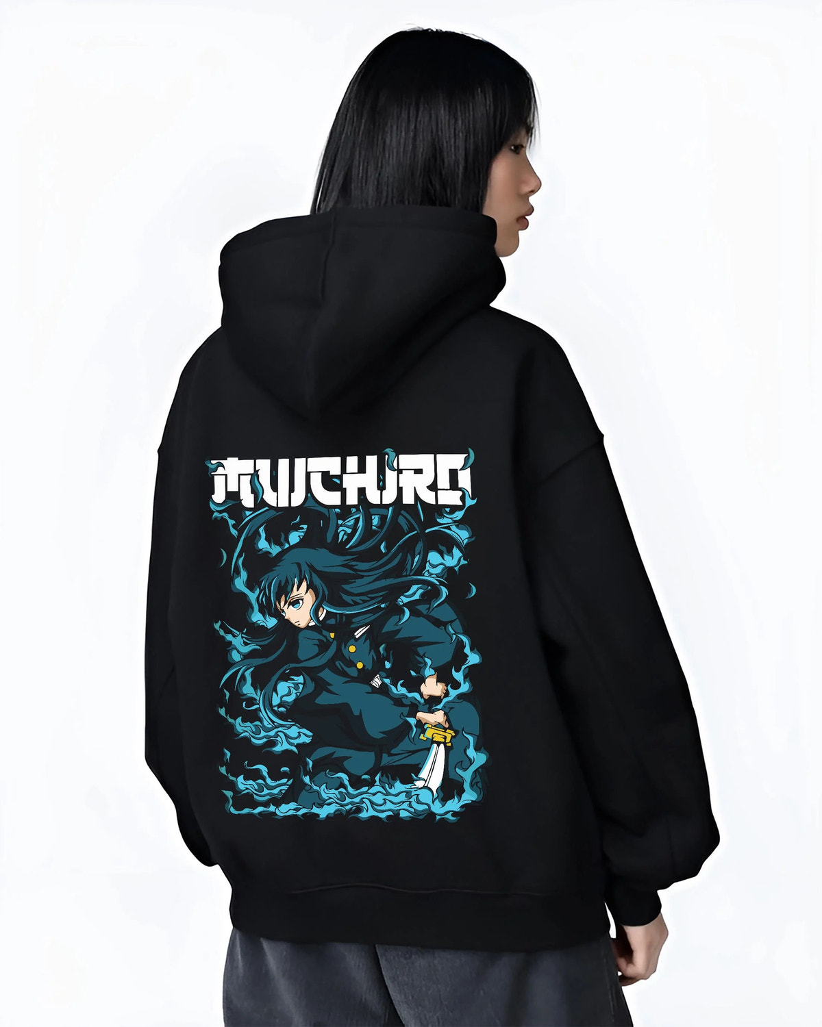 Black hoodie worn by female model from the back featuring Muichiro Tokito Mist Breathing sword Demon Slayer artwork.