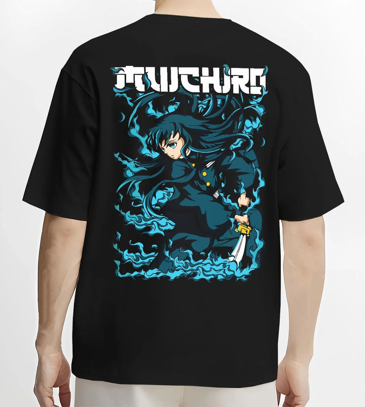 Black T-shirt worn by male model from the back featuring Muichiro Tokito Mist Breathing sword Demon Slayer artwork.