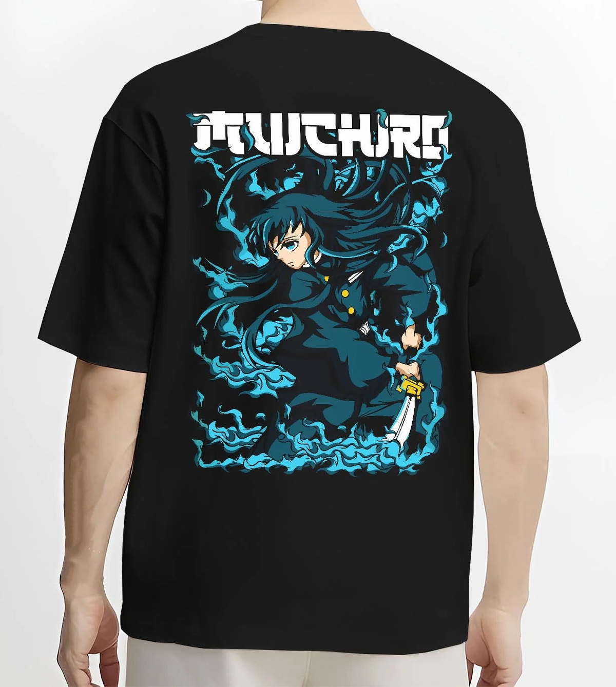 Black T-shirt worn by male model from the back featuring Muichiro Tokito Mist Breathing sword Demon Slayer artwork.