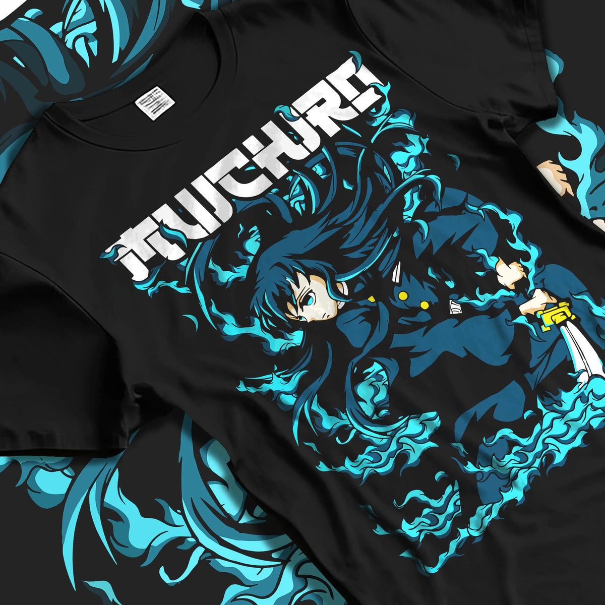 Black T-shirt laid flat with natural folds featuring Muichiro Tokito Mist Breathing sword Demon Slayer artwork.