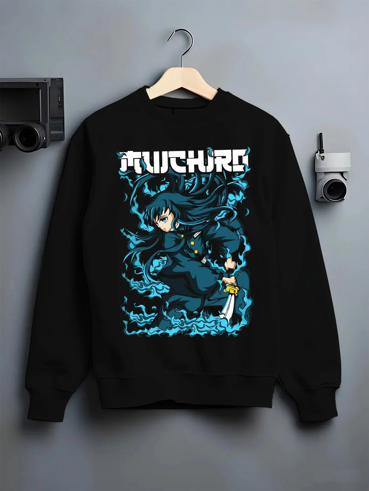 Black crewneck sweatshirt on hanger featuring Muichiro Tokito Mist Breathing sword Demon Slayer artwork.