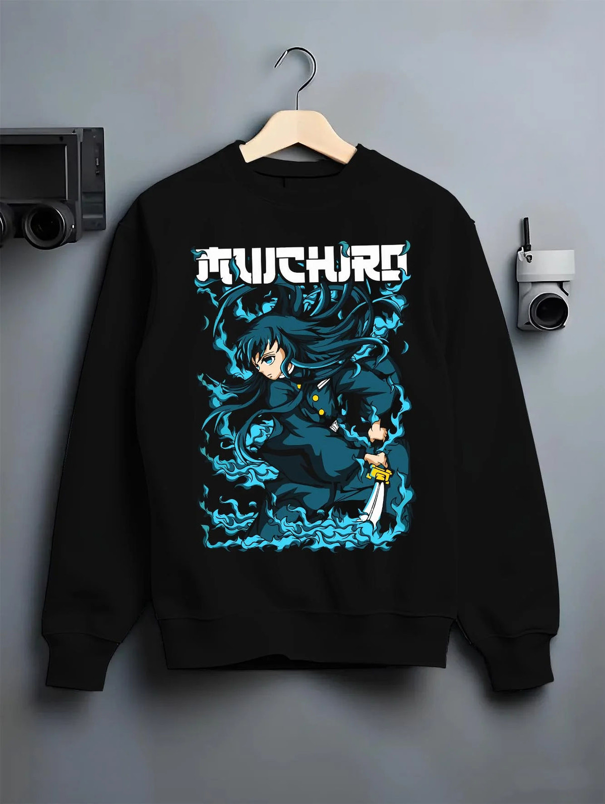 Black crewneck sweatshirt on hanger featuring Muichiro Tokito Mist Breathing sword Demon Slayer artwork.