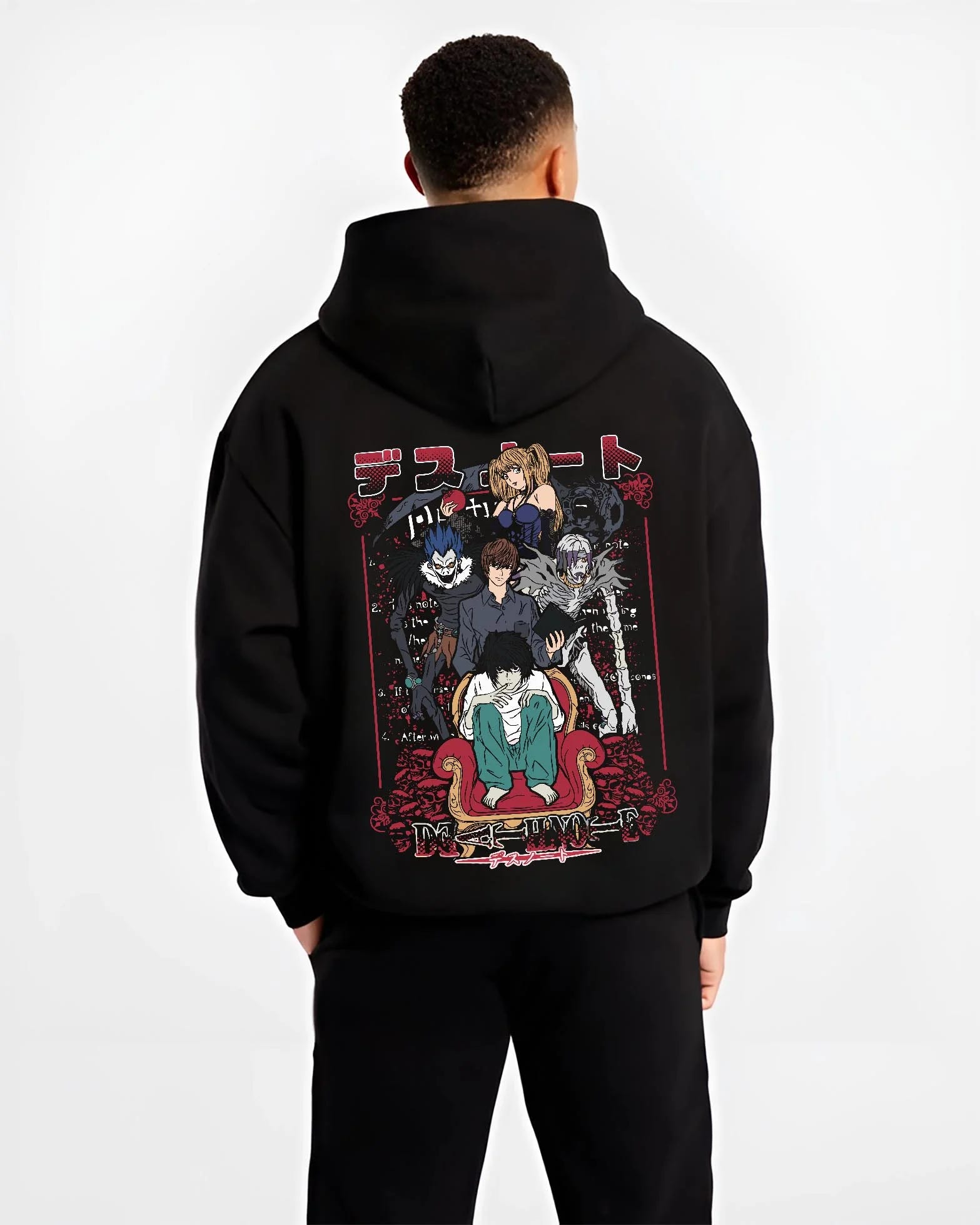 Black hoodie worn by male model, back view with Team Demon Slayer Hoodie Hashira Corps Gathering graphic bold anime graphic.