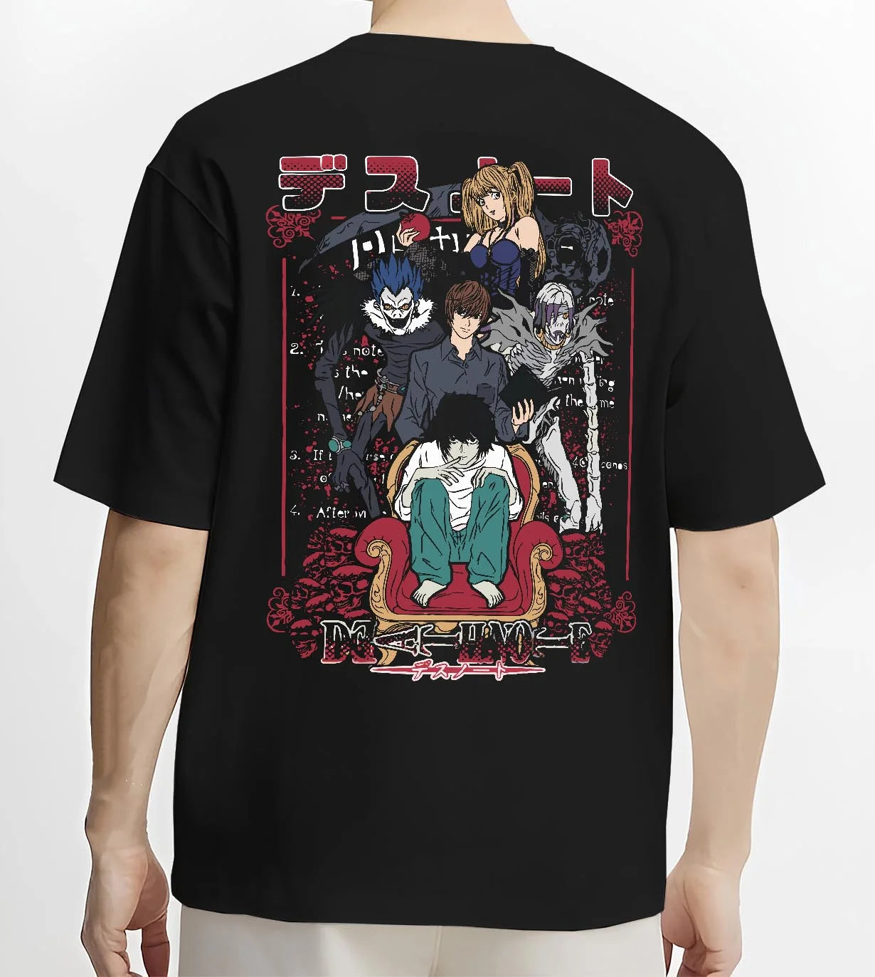 Black T-shirt worn by male model, back view with Team Demon Slayer Hoodie Hashira Corps Gathering graphic premium wear.