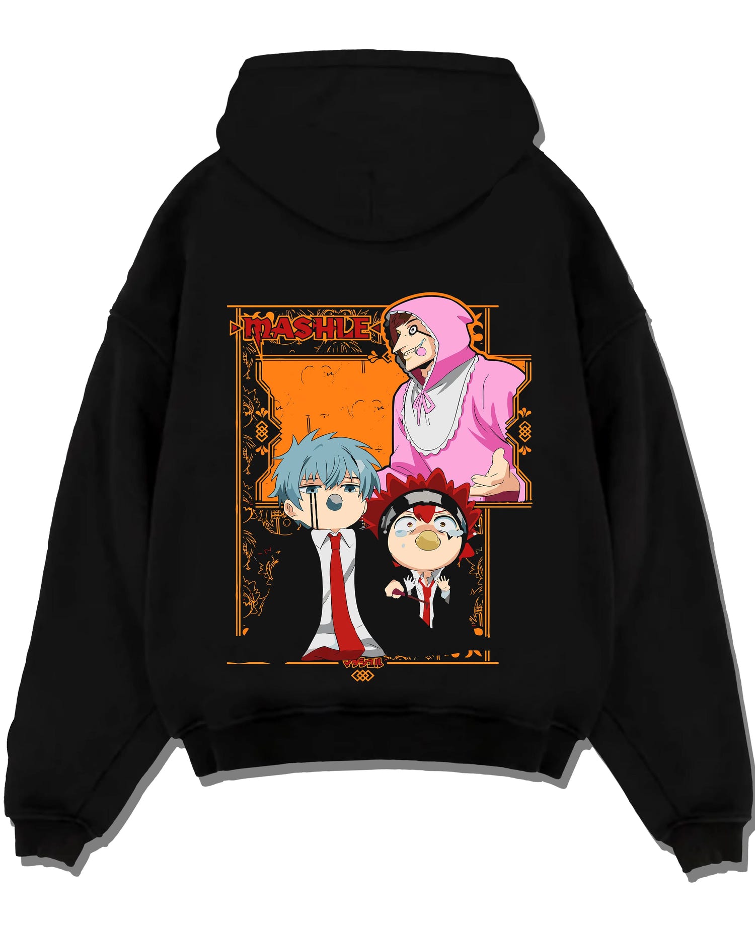 Black pullover hoodie laid flat with Mashle Team Hoodie Mashle Magic and Muscles Duo graphic streetwear graphic.