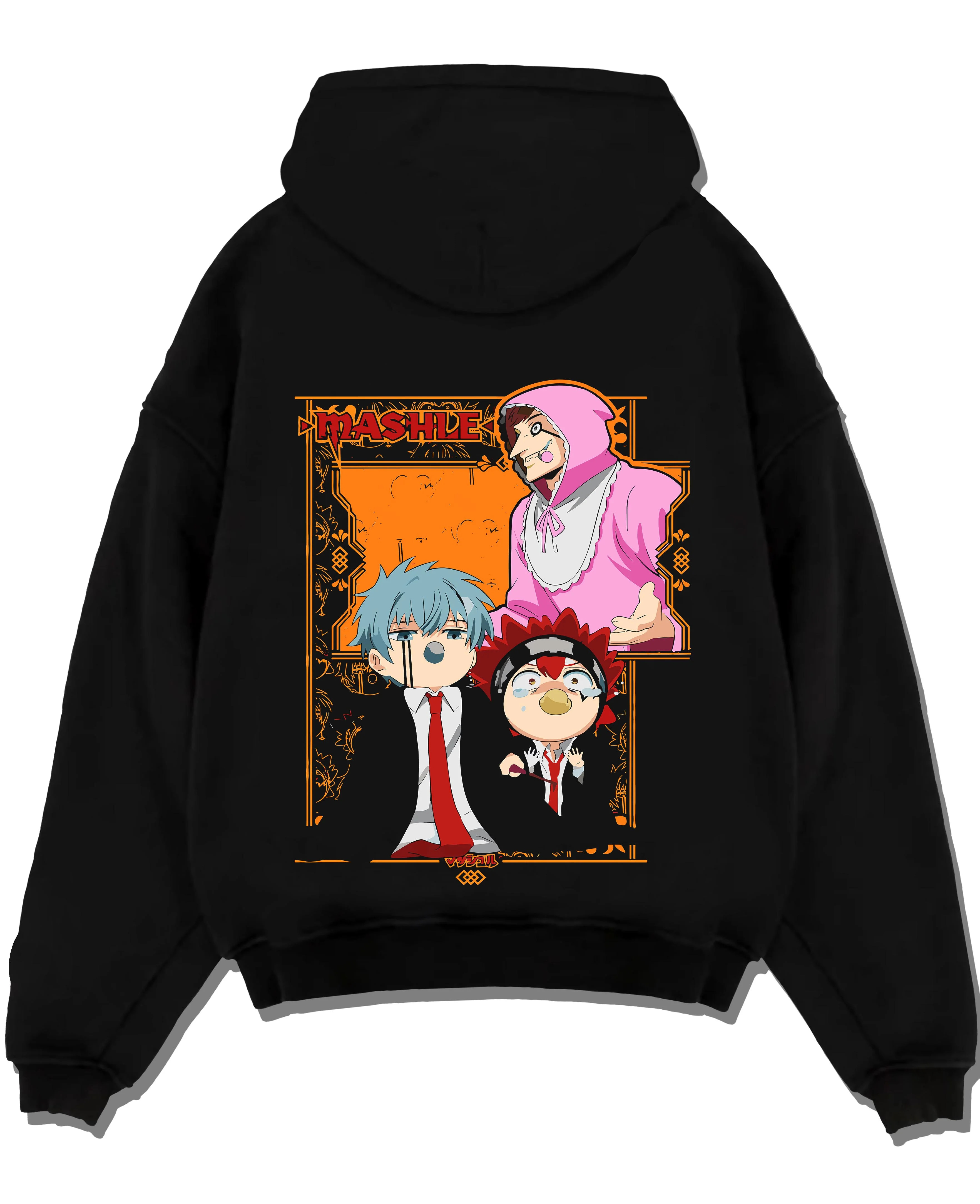Black pullover hoodie laid flat with Mashle Team Hoodie Mashle Magic and Muscles Duo graphic streetwear graphic.