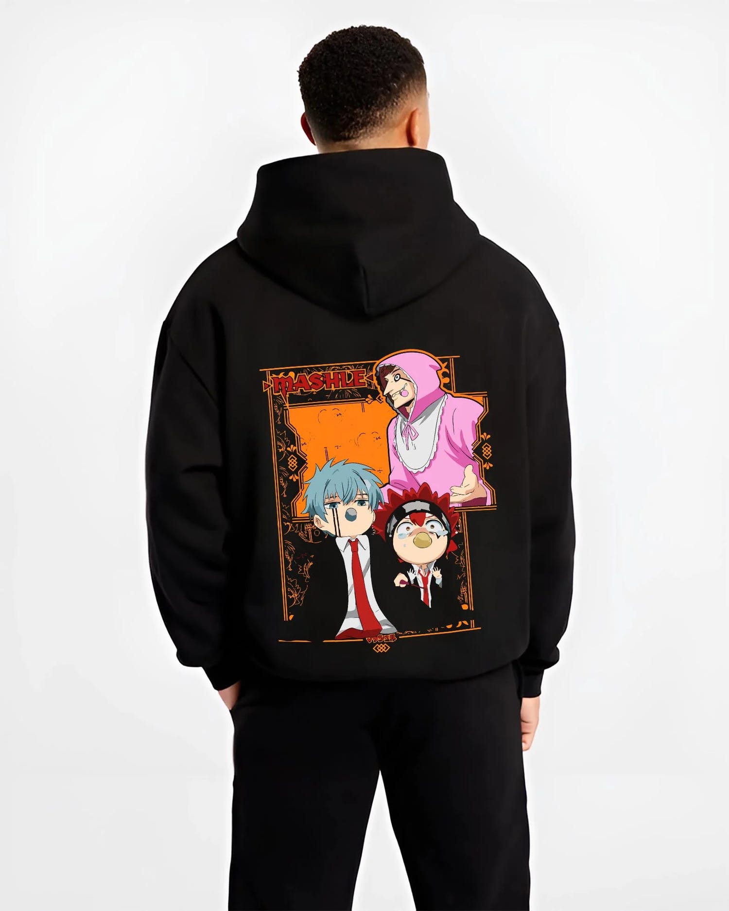 Black hoodie worn by male model, back view with Mashle Team Hoodie Mashle Magic and Muscles Duo graphic streetwear graphic.