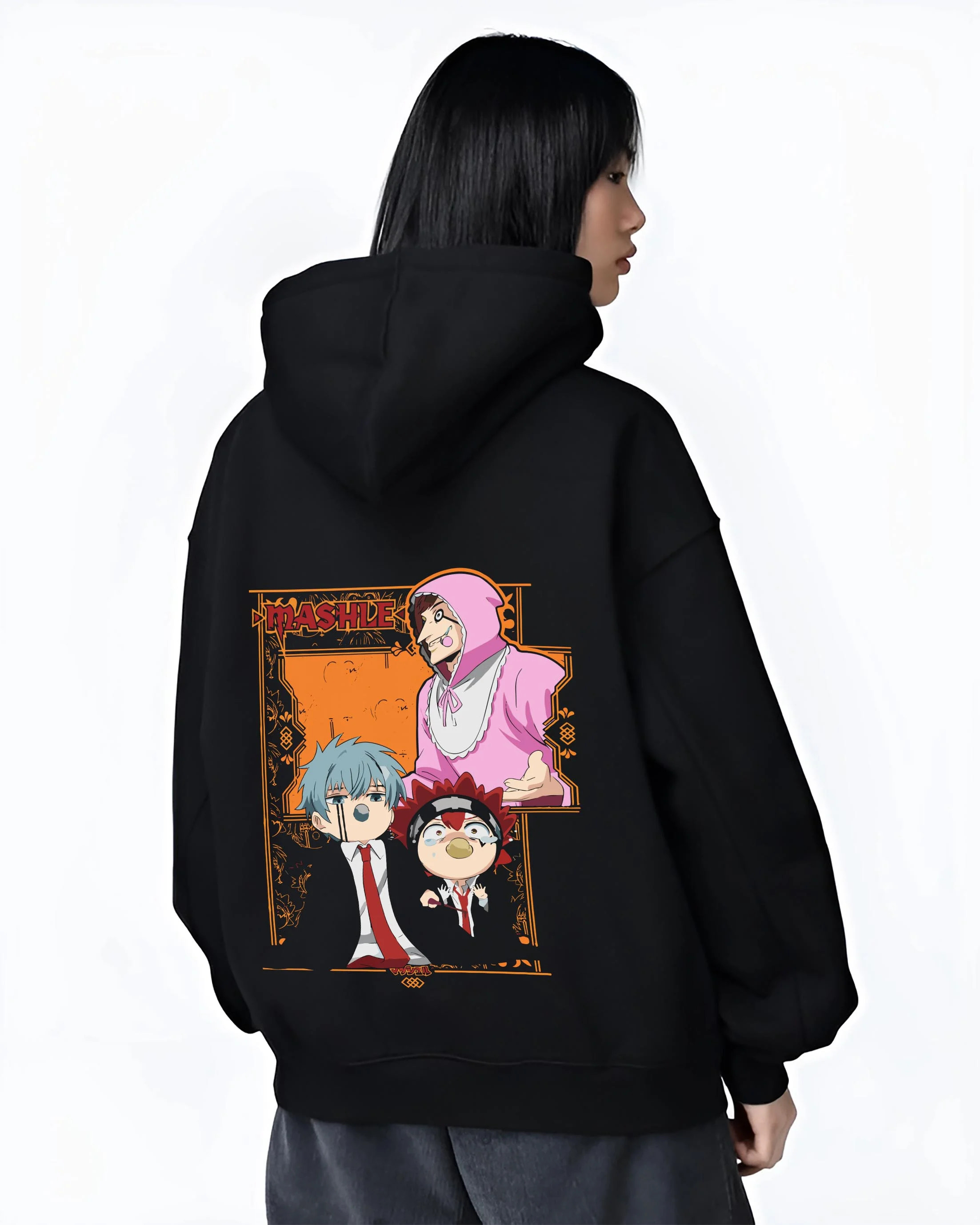 Black hoodie worn by female model, back view with Mashle Team Hoodie Mashle Magic and Muscles Duo graphic bold anime graphic.
