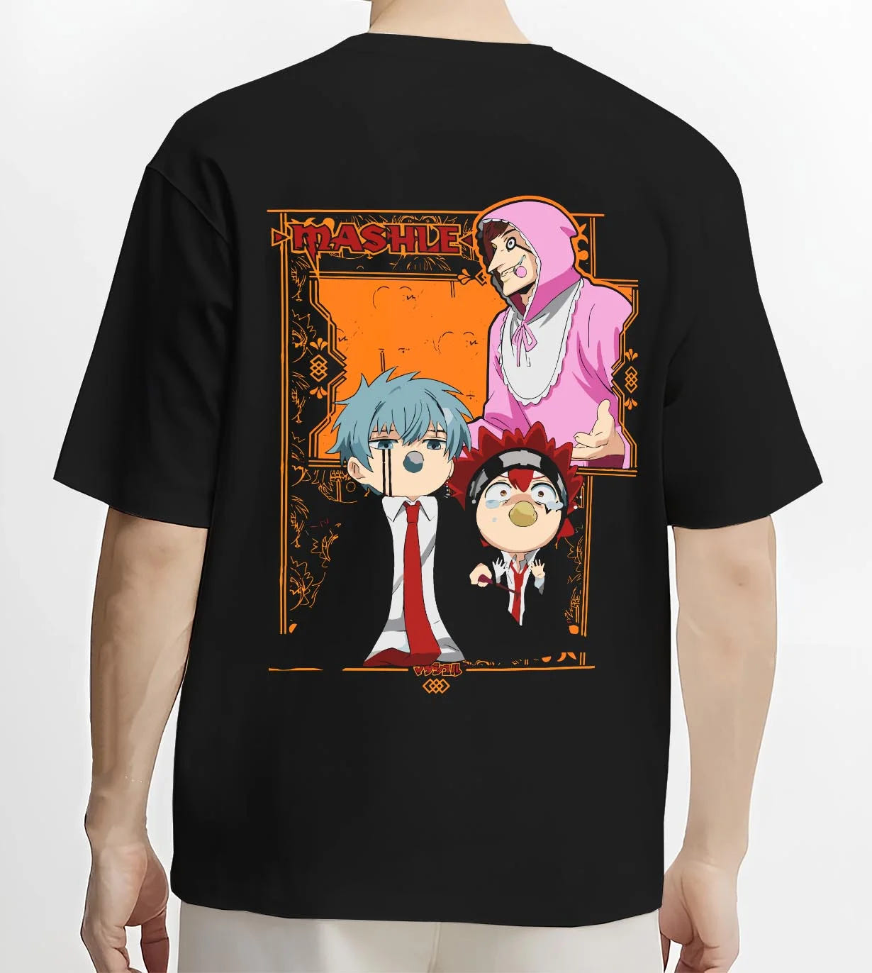 Black T-shirt worn by male model, back view with Mashle Team Hoodie Mashle Magic and Muscles Duo graphic premium wear.