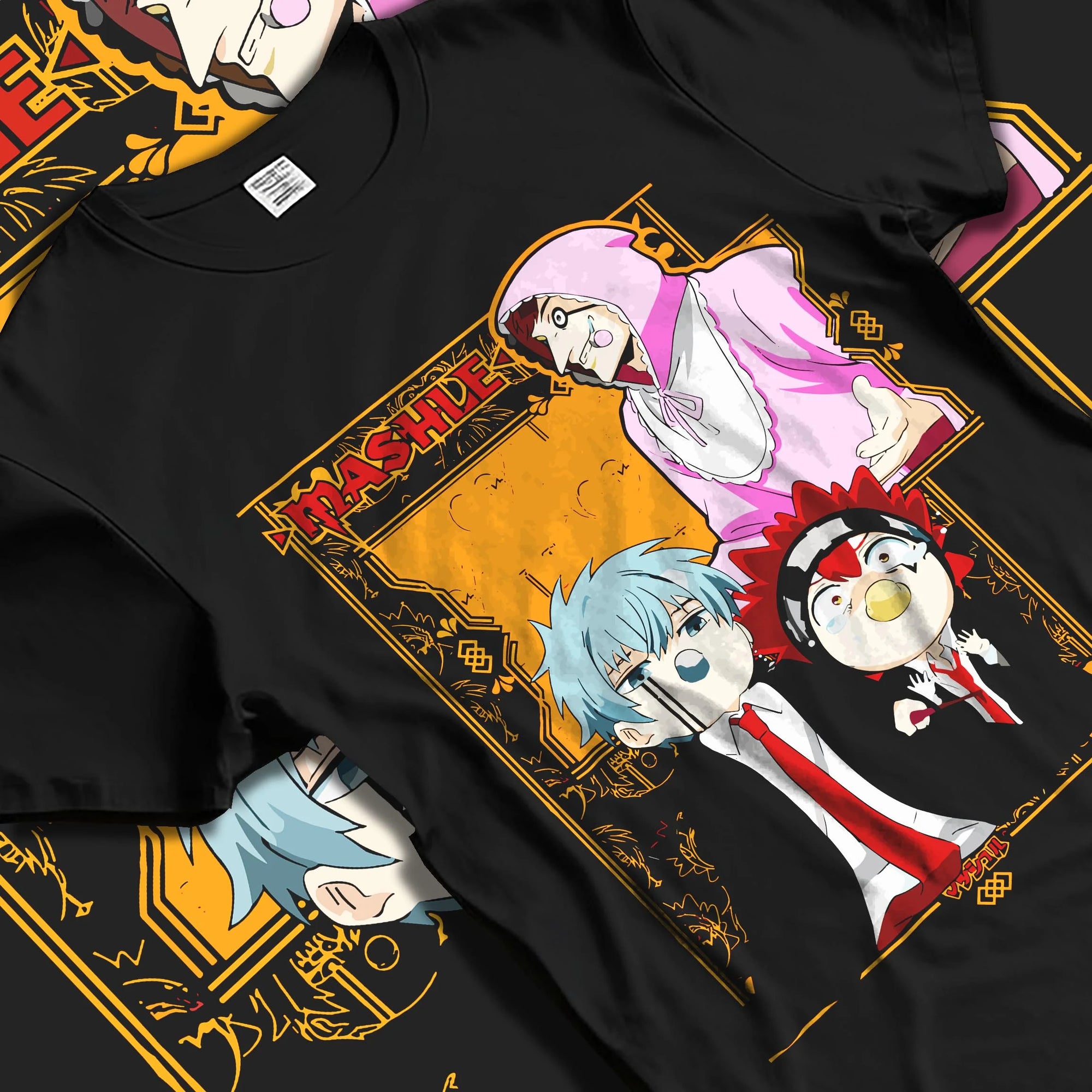 Black T-shirt laid flat with natural folds with Mashle Team Hoodie Mashle Magic and Muscles Duo graphic premium wear.