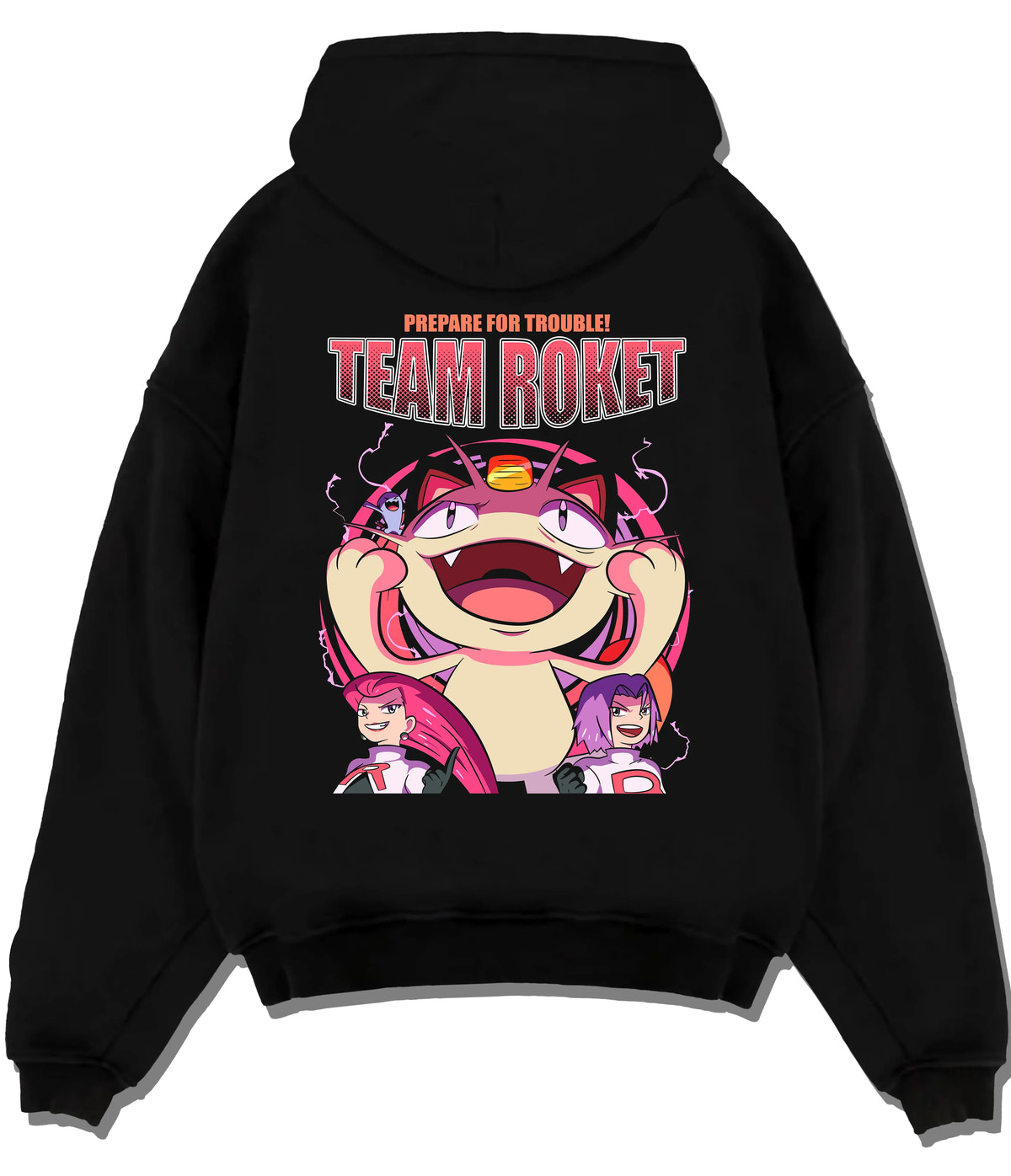 Black hoodie flat back view with Team Rocket Jessie, James and Meowth from Pokémon illustrated back graphic