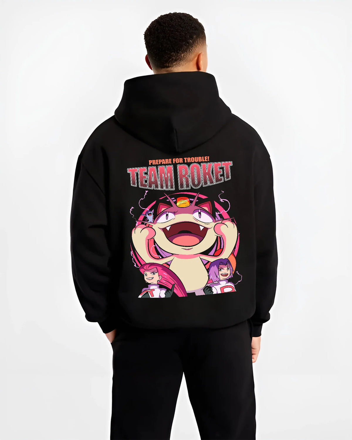 Black hoodie model back view with Team Rocket Jessie, James and Meowth from Pokémon illustrated back graphic