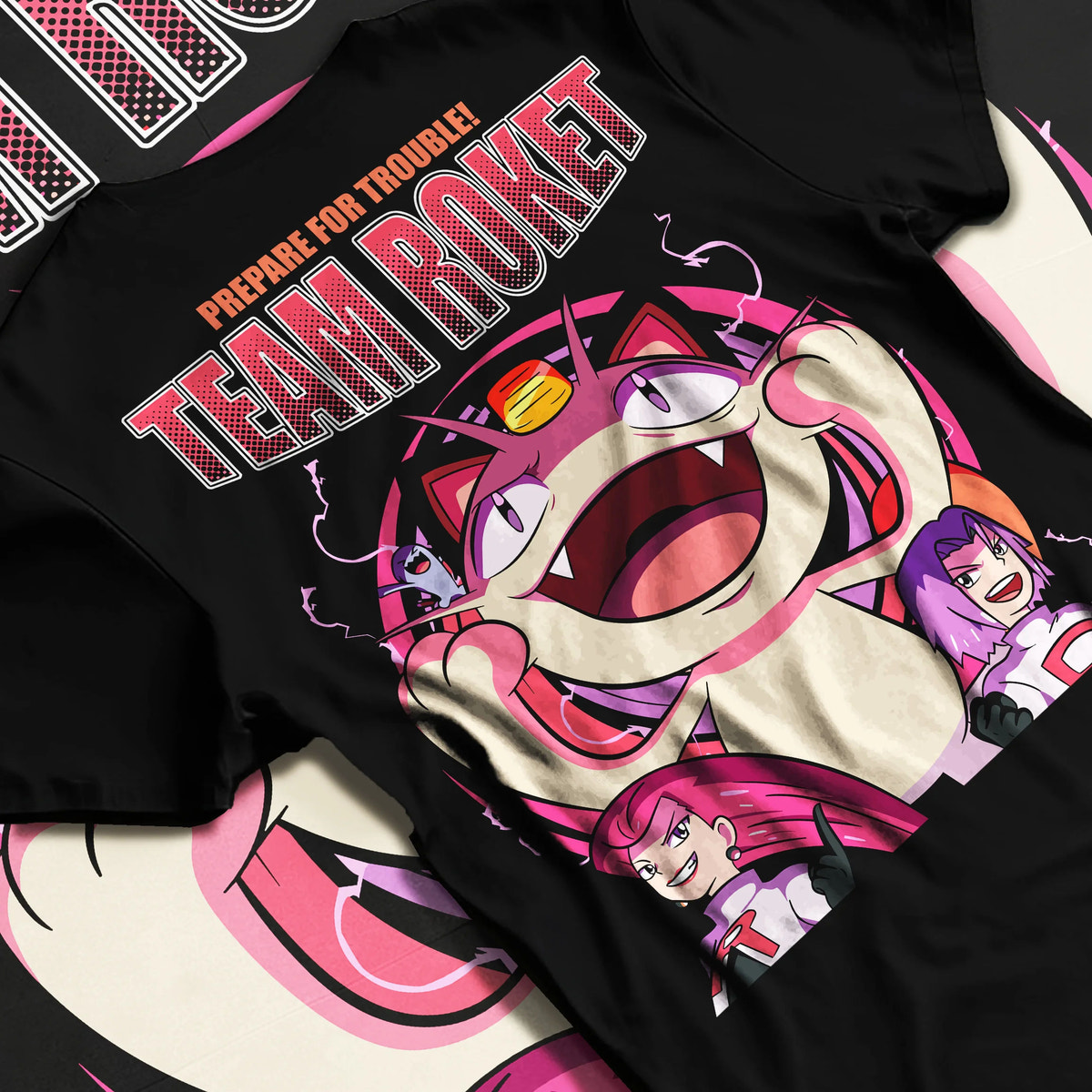 Black T-shirt flat back view with Team Rocket Jessie, James and Meowth from Pokémon illustrated back graphic