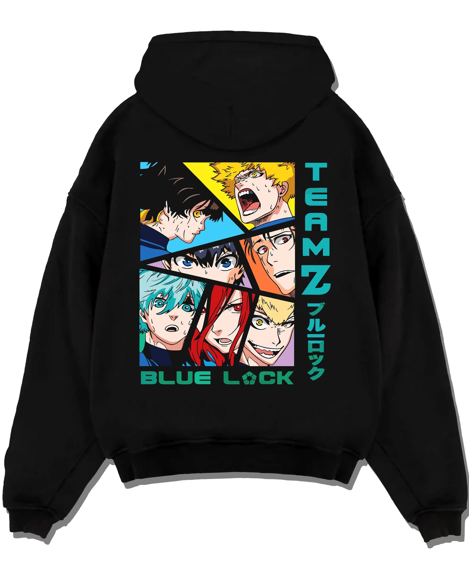 Black pullover hoodie laid flat with Blue Lock Hoodie Team Z Isagi Bachira Soccer Squad graphic streetwear graphic.