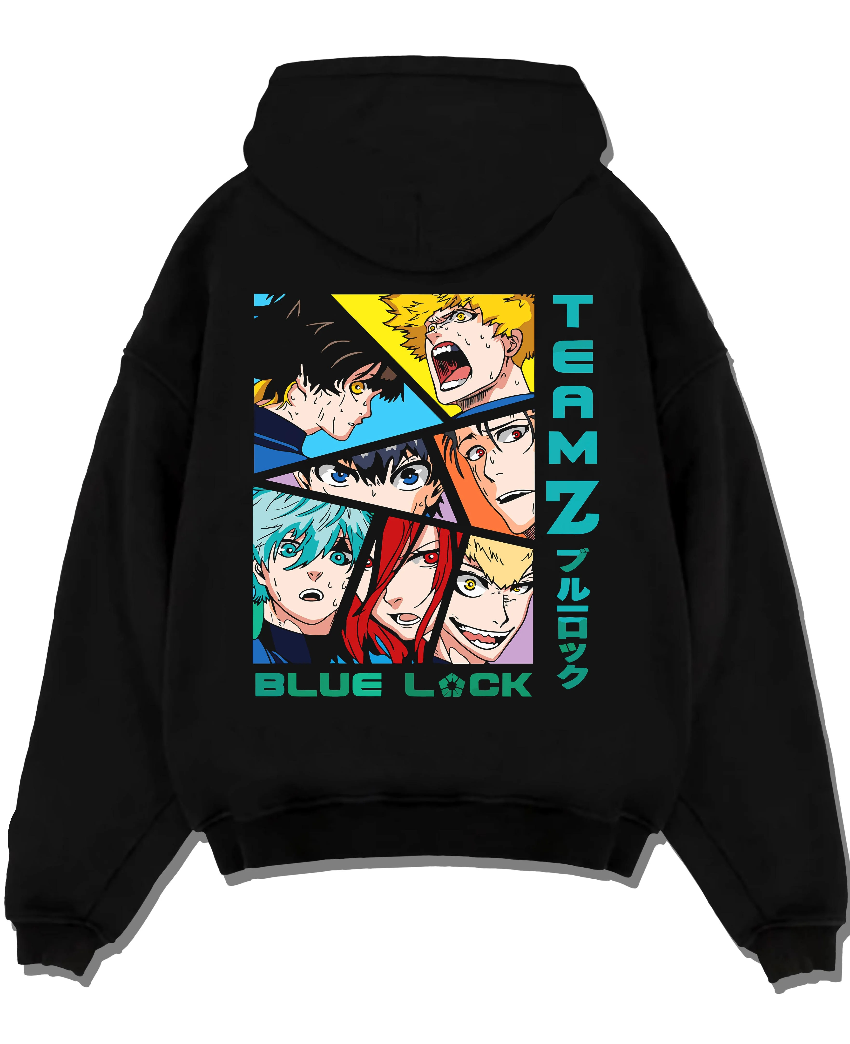 Black pullover hoodie laid flat with Blue Lock Hoodie Team Z Isagi Bachira Soccer Squad graphic streetwear graphic.
