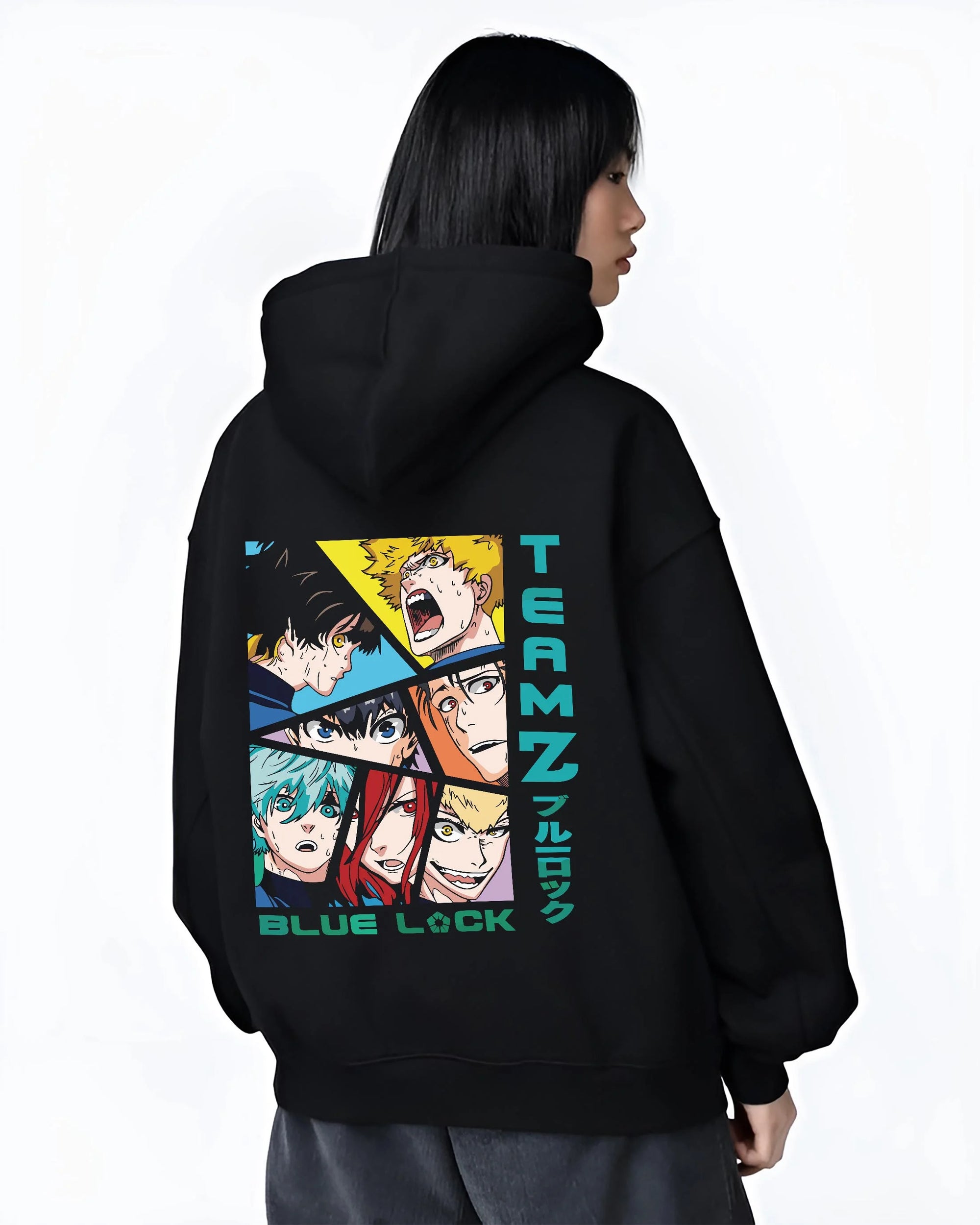 Black hoodie worn by female model, back view with Blue Lock Hoodie Team Z Isagi Bachira Soccer Squad graphic bold anime graphic.