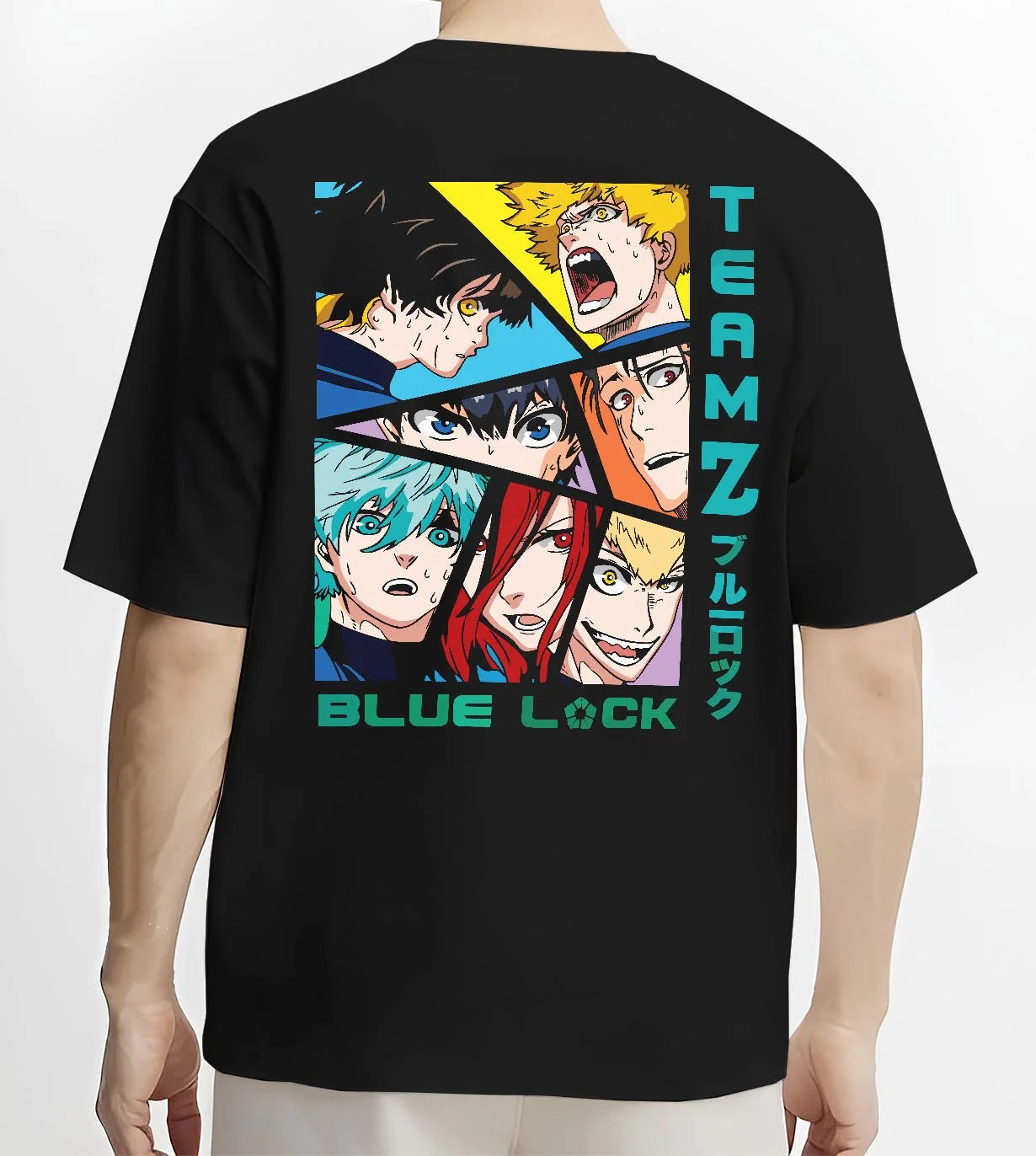 Black T-shirt worn by male model, back view with Blue Lock Hoodie Team Z Isagi Bachira Soccer Squad graphic streetwear graphic.