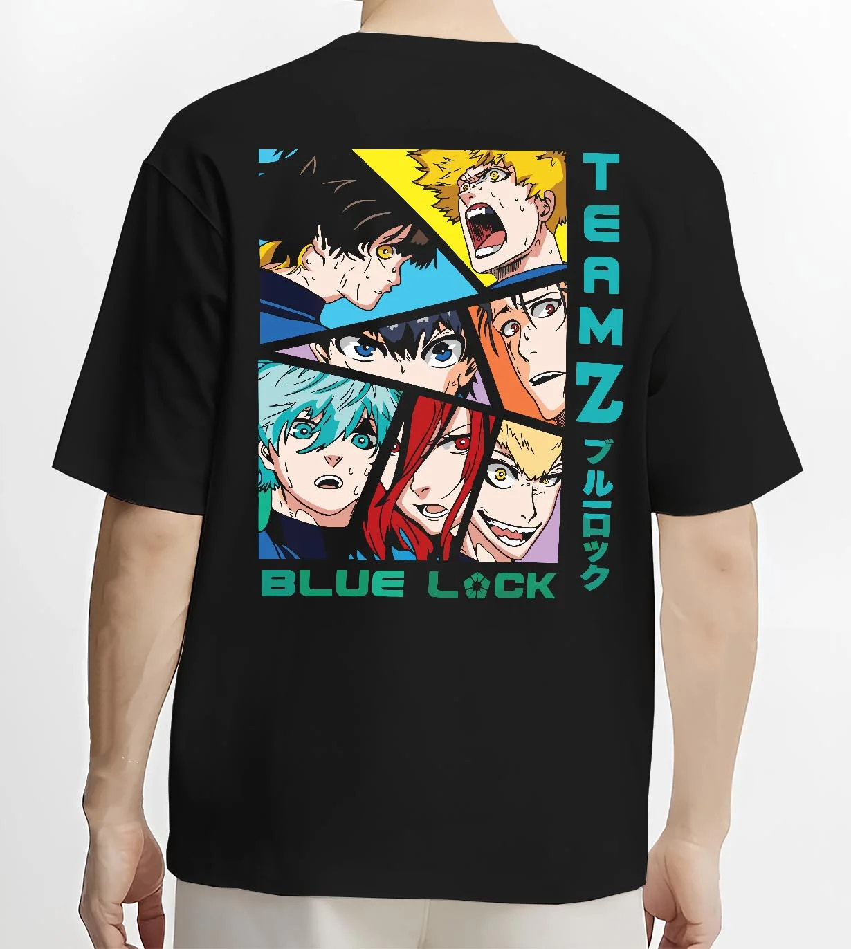 Black T-shirt worn by male model, back view with Blue Lock Hoodie Team Z Isagi Bachira Soccer Squad graphic streetwear graphic.