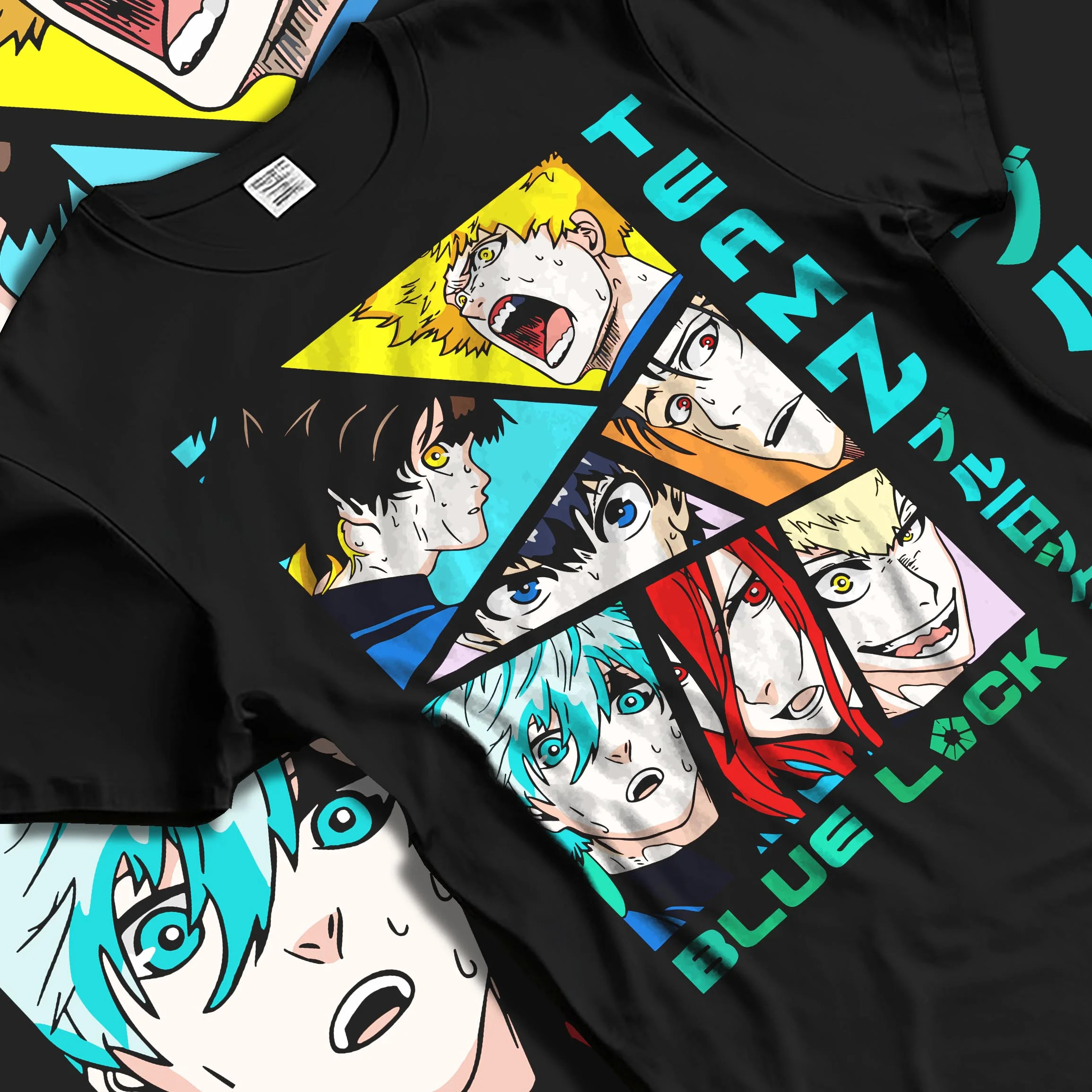 Black T-shirt laid flat with natural folds with Blue Lock Hoodie Team Z Isagi Bachira Soccer Squad graphic premium wear.