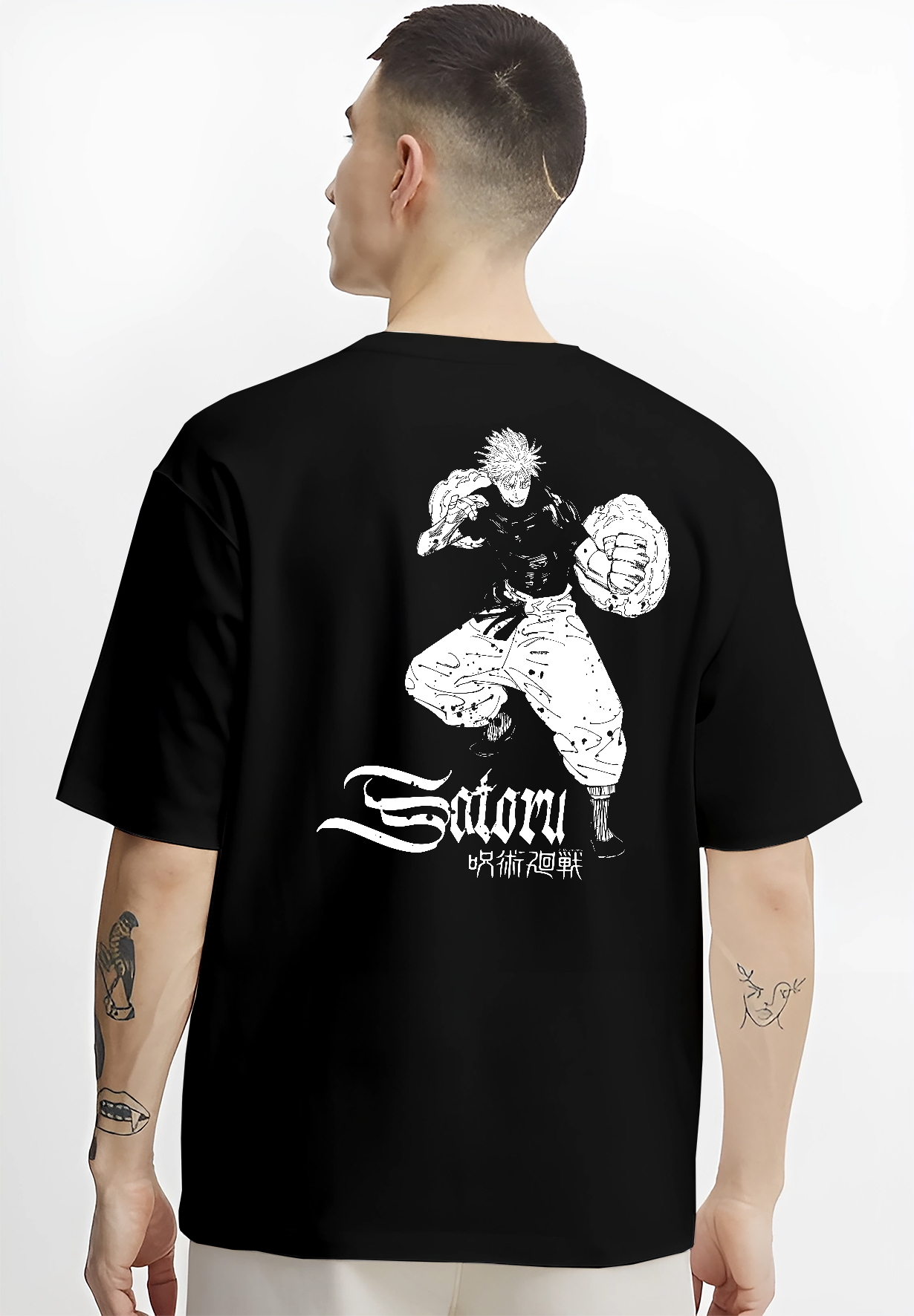 Black T-shirt worn by a male model, back view, featuring One Piece Luffy Gear 5 Japanese animation artwork.