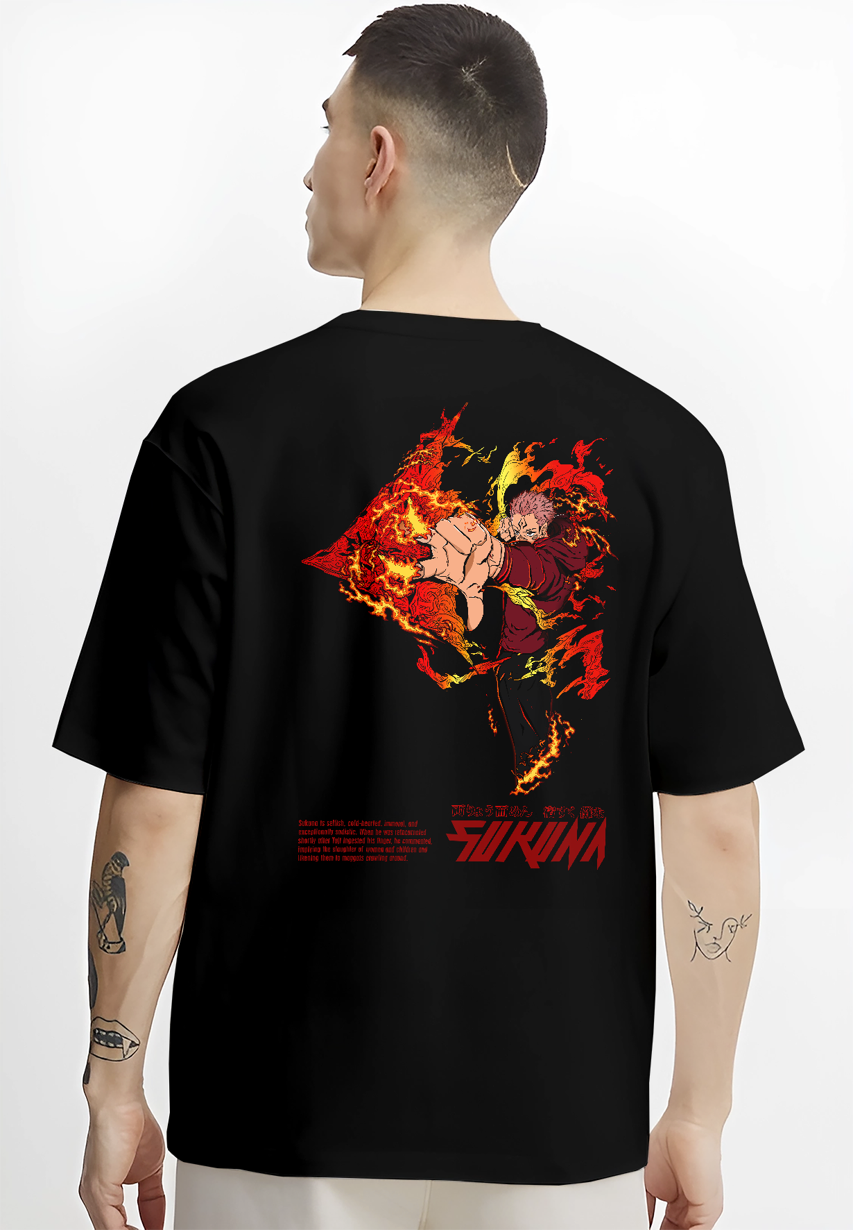 Black T-shirt worn by a male model, back view, featuring Sukuna from Jujutsu Kaisen Japanese animation streetwear graphic with fiery cursed energy and manga artwork detail.