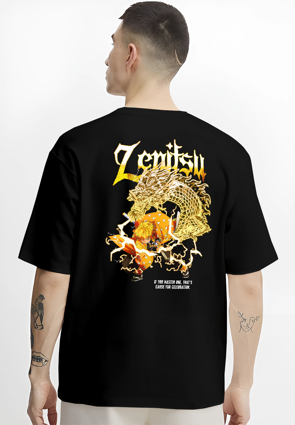 Black hoodie worn by a female model, back view, featuring Zenitsu Demon Slayer Japanese animation streetwear graphic in shonen battle character artwork with retro anime inspired design.