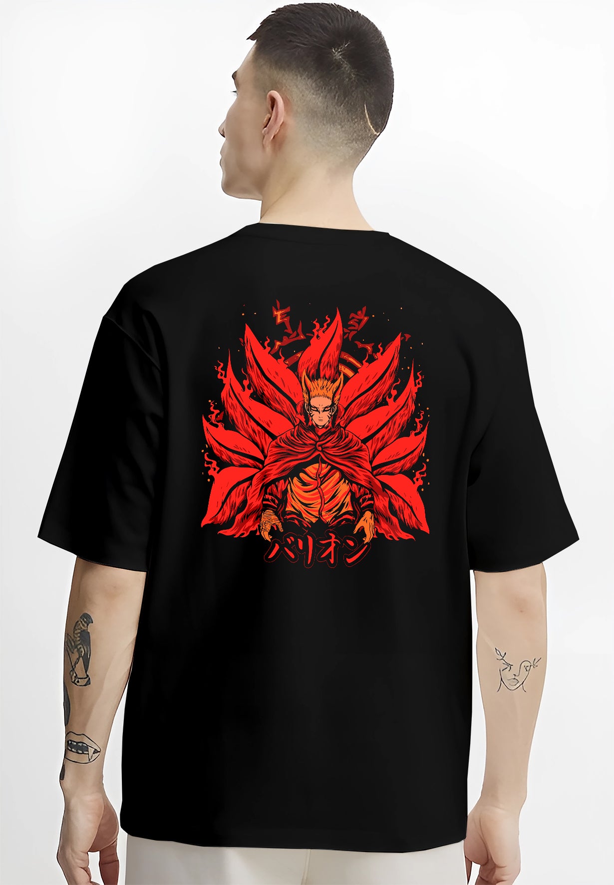 Black hoodie worn by a female model, back view, featuring Naruto Baryon Mode anime poster inspired artwork with fiery retro manga style and bold battle character design.