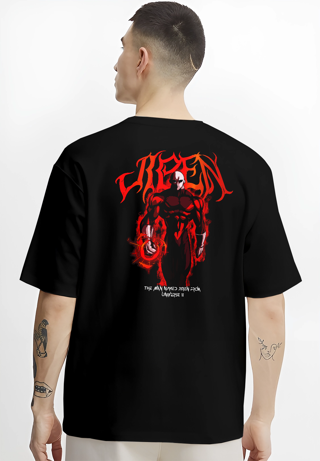 Black T-shirt worn by a male model, back view, featuring Dragon Ball Super Jiren Japanese animation streetwear graphic with glowing aura and strong battle stance.