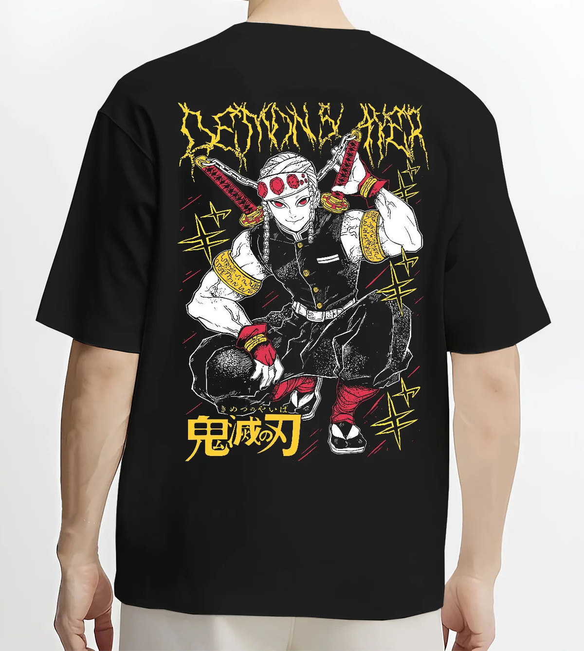 Black T-shirt model back view showing Tengen Uzui from Demon Slayer: crouching yellow/black print