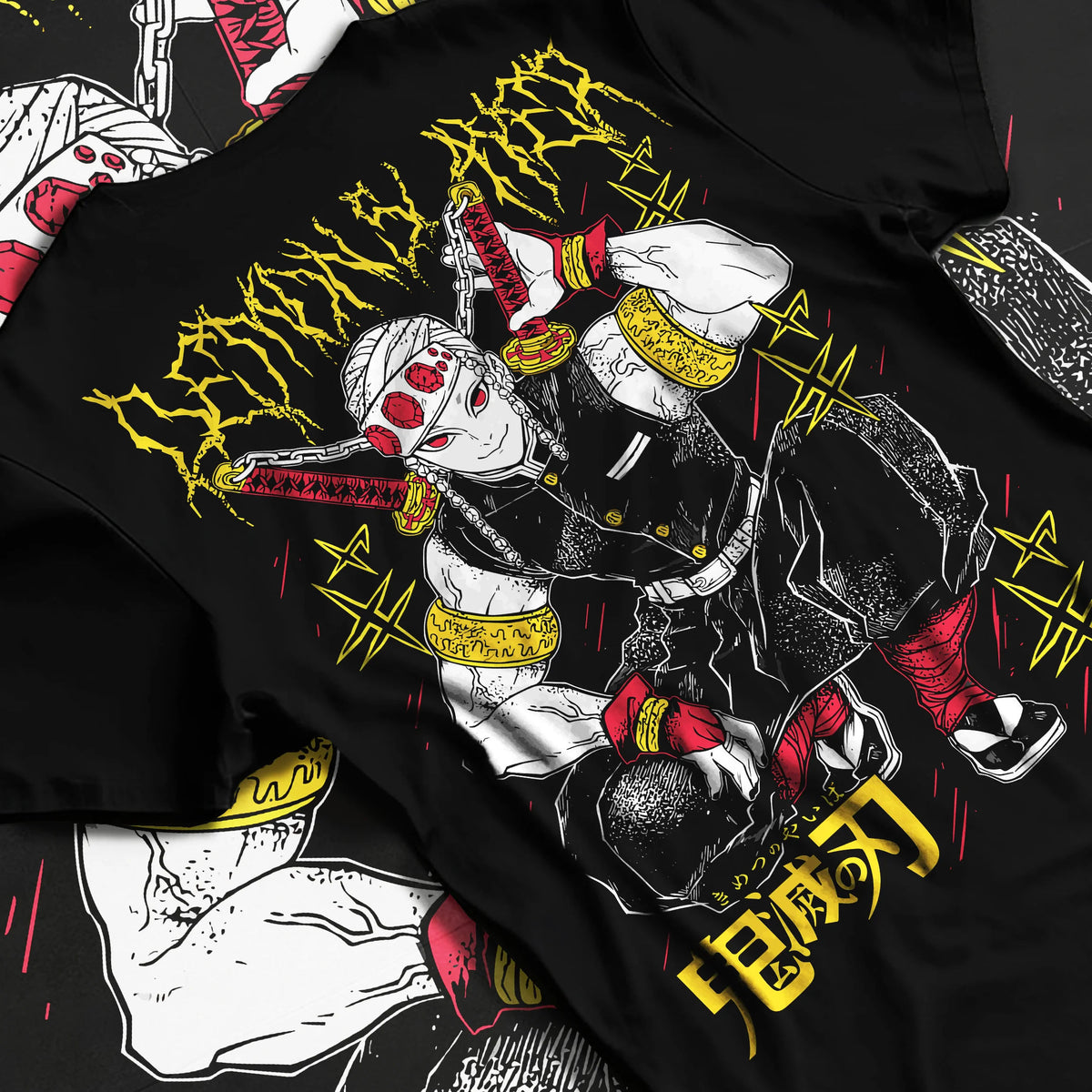 Black T-shirt flat back view showing Tengen Uzui from Demon Slayer: crouching yellow/black print
