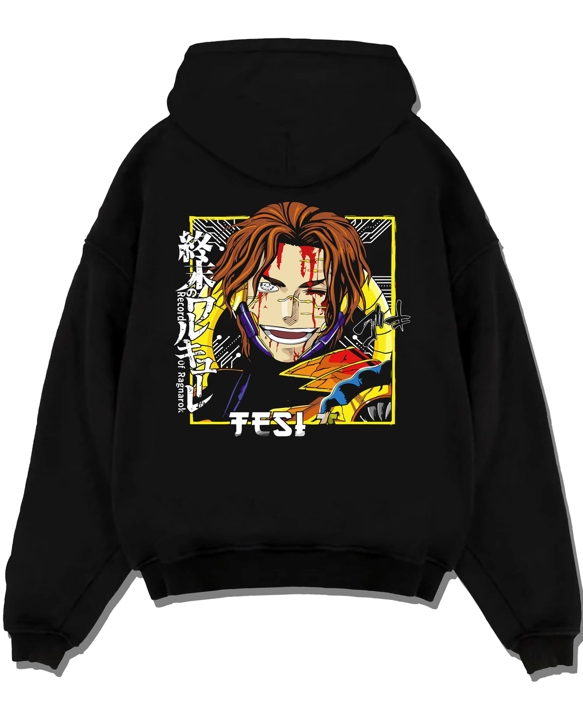 Black hoodie laid flat featuring Nikola Tesla science battle Record of Ragnarok artwork.
