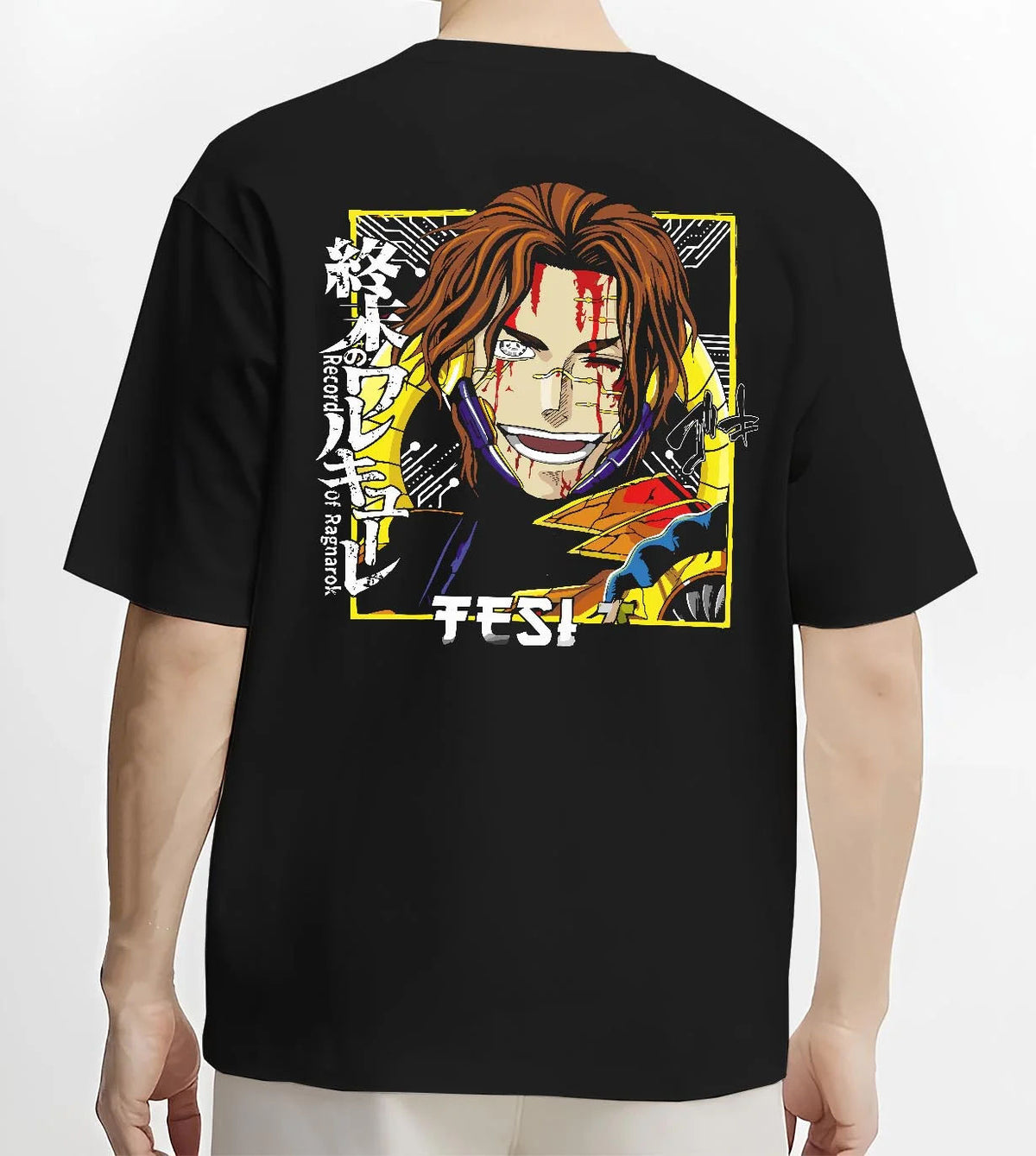 Black T-shirt worn by male model from the back featuring Nikola Tesla science battle Record of Ragnarok artwork.