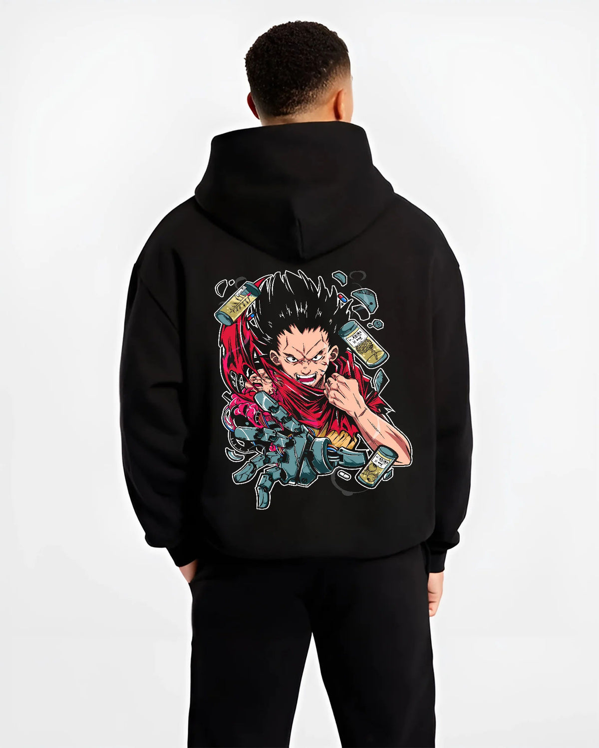 Black hoodie model back view showing Tetsuo Shima from Akira: cybernetic red jacket artwork