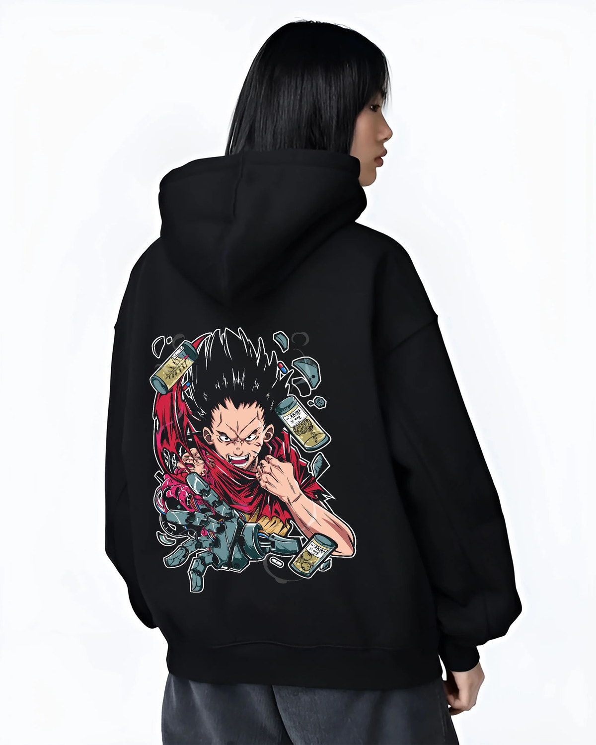 Black hoodie female model back view showing Tetsuo Shima from Akira: cybernetic red jacket artwork