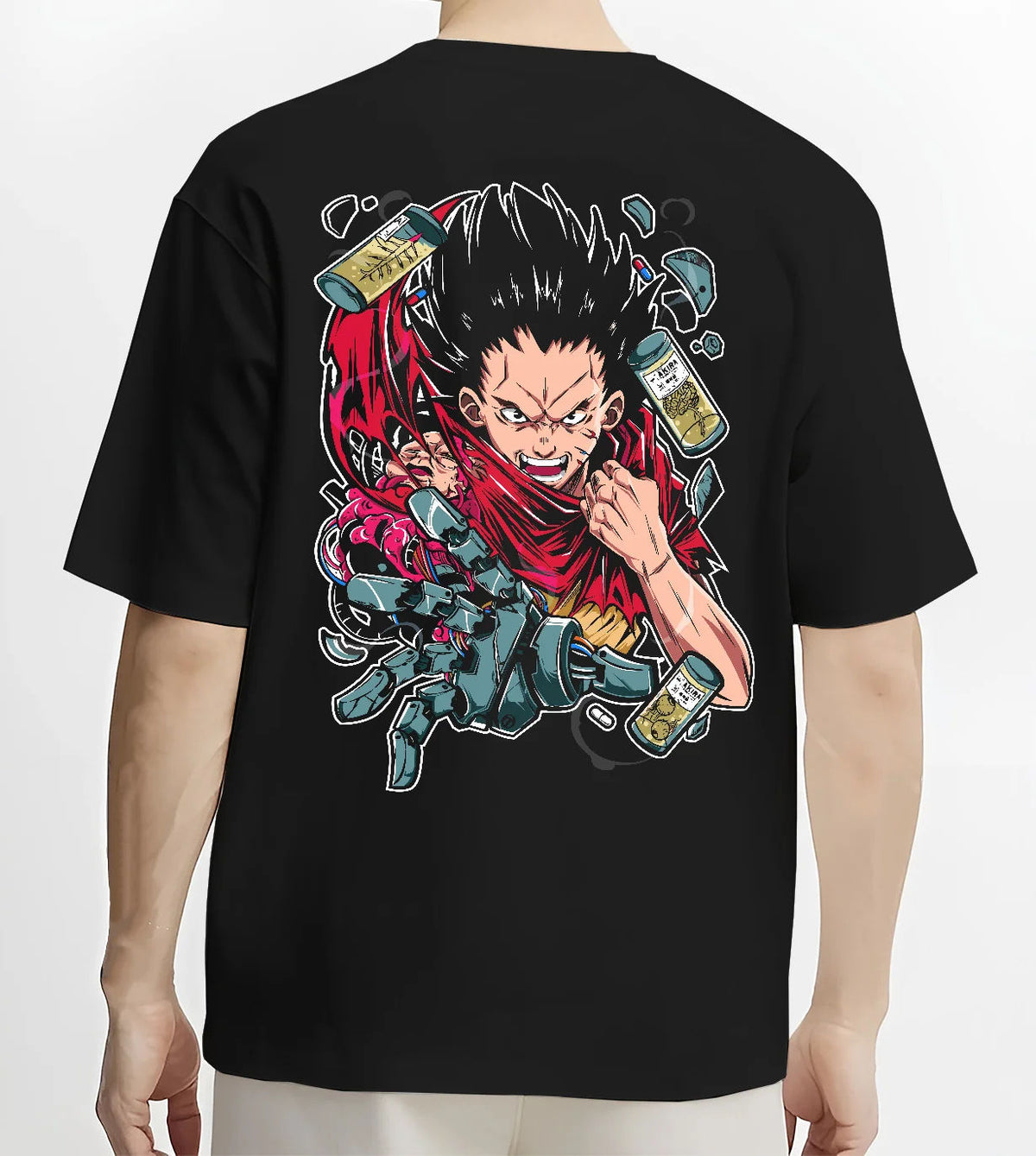 Black T-shirt model back view showing Tetsuo Shima from Akira: cybernetic red jacket artwork