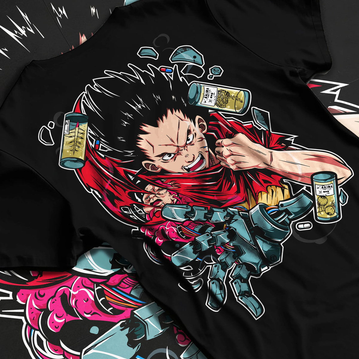 Black T-shirt flat back view showing Tetsuo Shima from Akira: cybernetic red jacket artwork