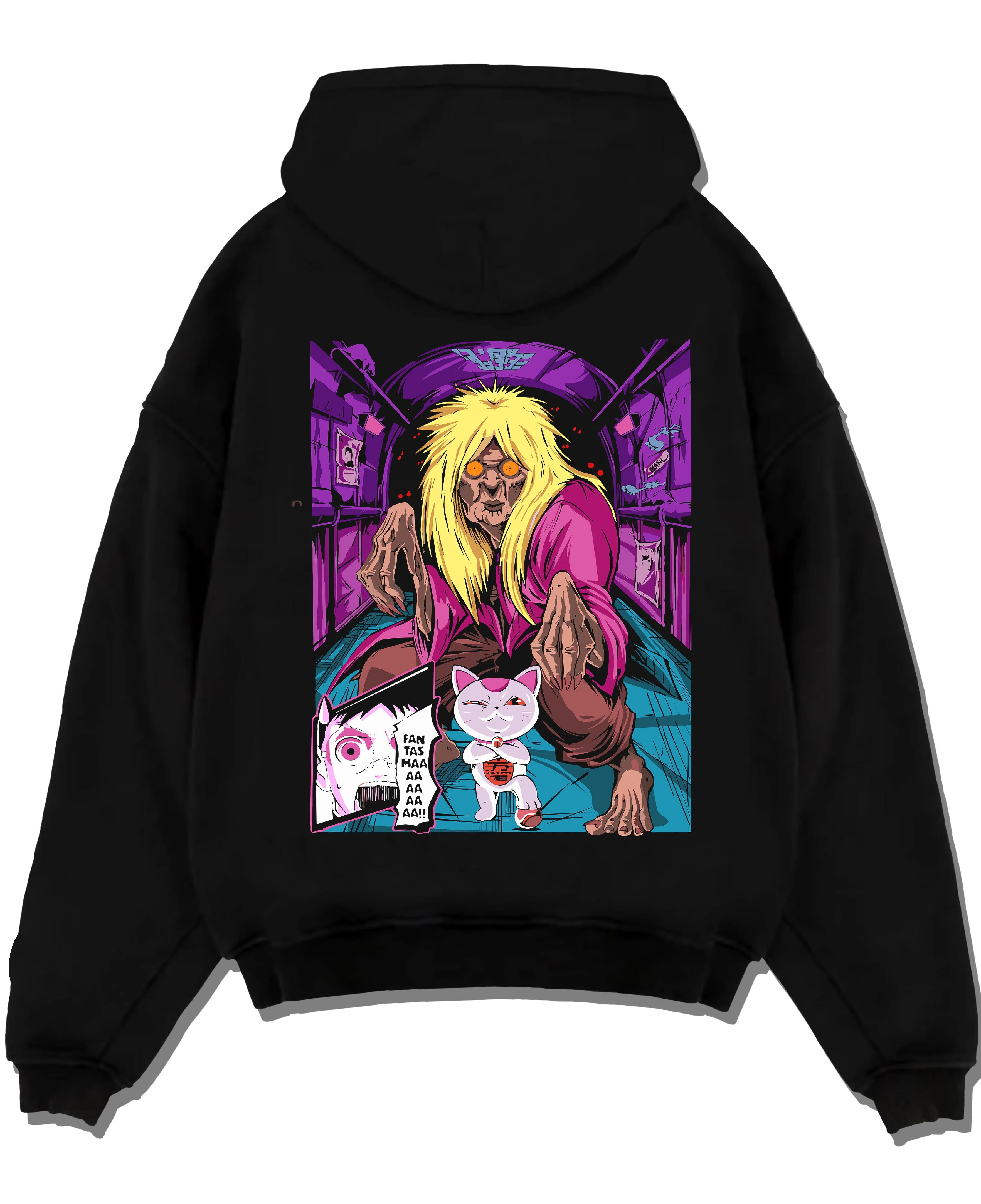 Black pullover hoodie laid flat with Turbo Granny Hoodie Dandadan Cursed Spirit Anime graphic streetwear graphic.
