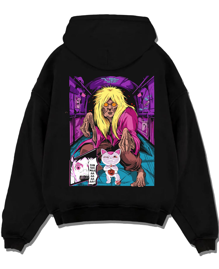 Black pullover hoodie laid flat with Turbo Granny Hoodie Dandadan Cursed Spirit Anime graphic streetwear graphic.
