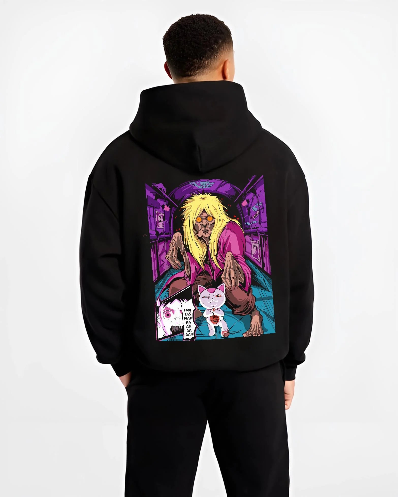 Black hoodie worn by male model, back view with Turbo Granny Hoodie Dandadan Cursed Spirit Anime graphic streetwear graphic.