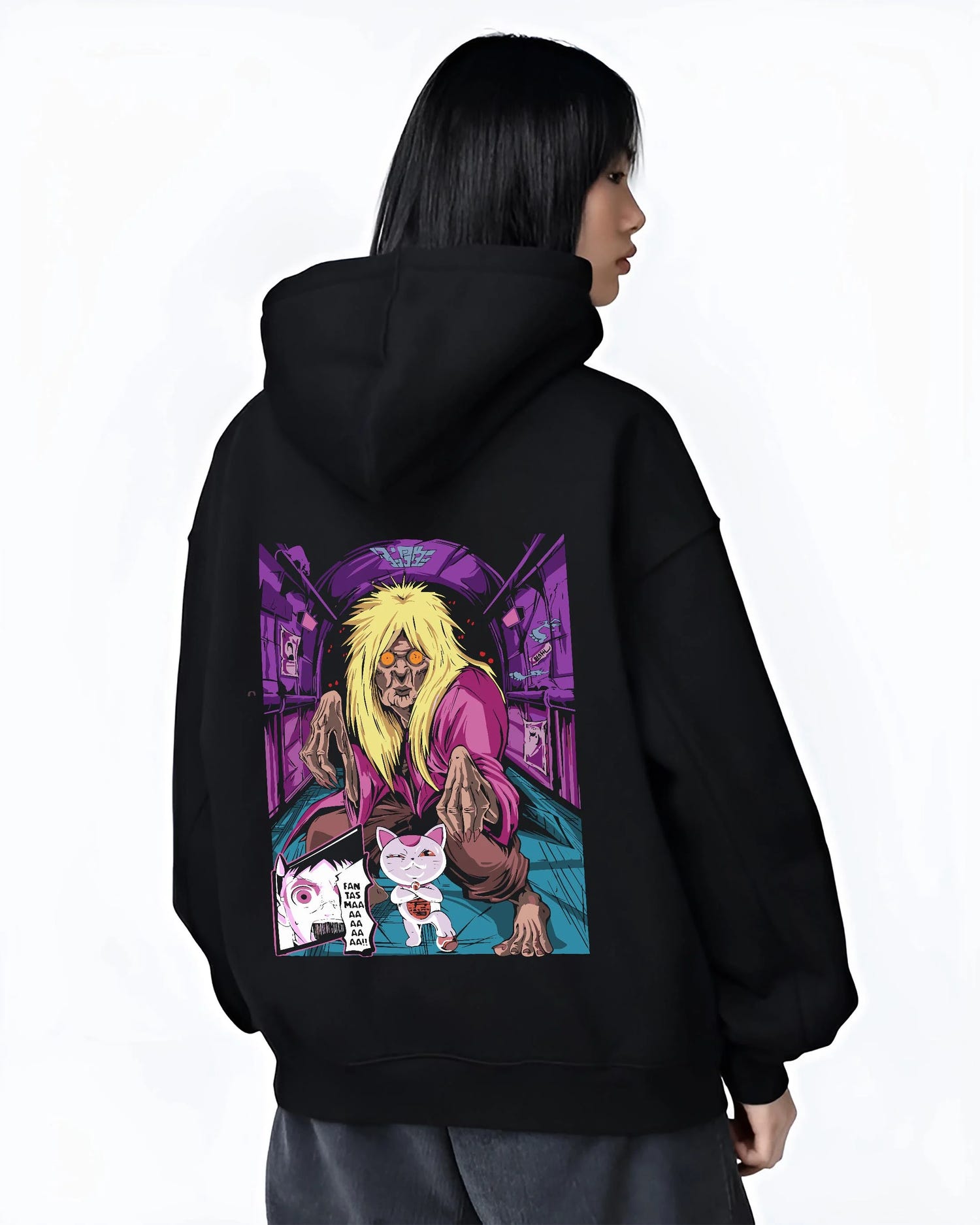 Black hoodie worn by female model, back view with Turbo Granny Hoodie Dandadan Cursed Spirit Anime graphic streetwear graphic.
