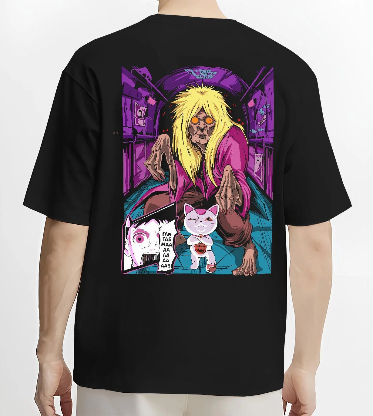 Black T-shirt worn by male model, back view with Turbo Granny Hoodie Dandadan Cursed Spirit Anime graphic premium wear.