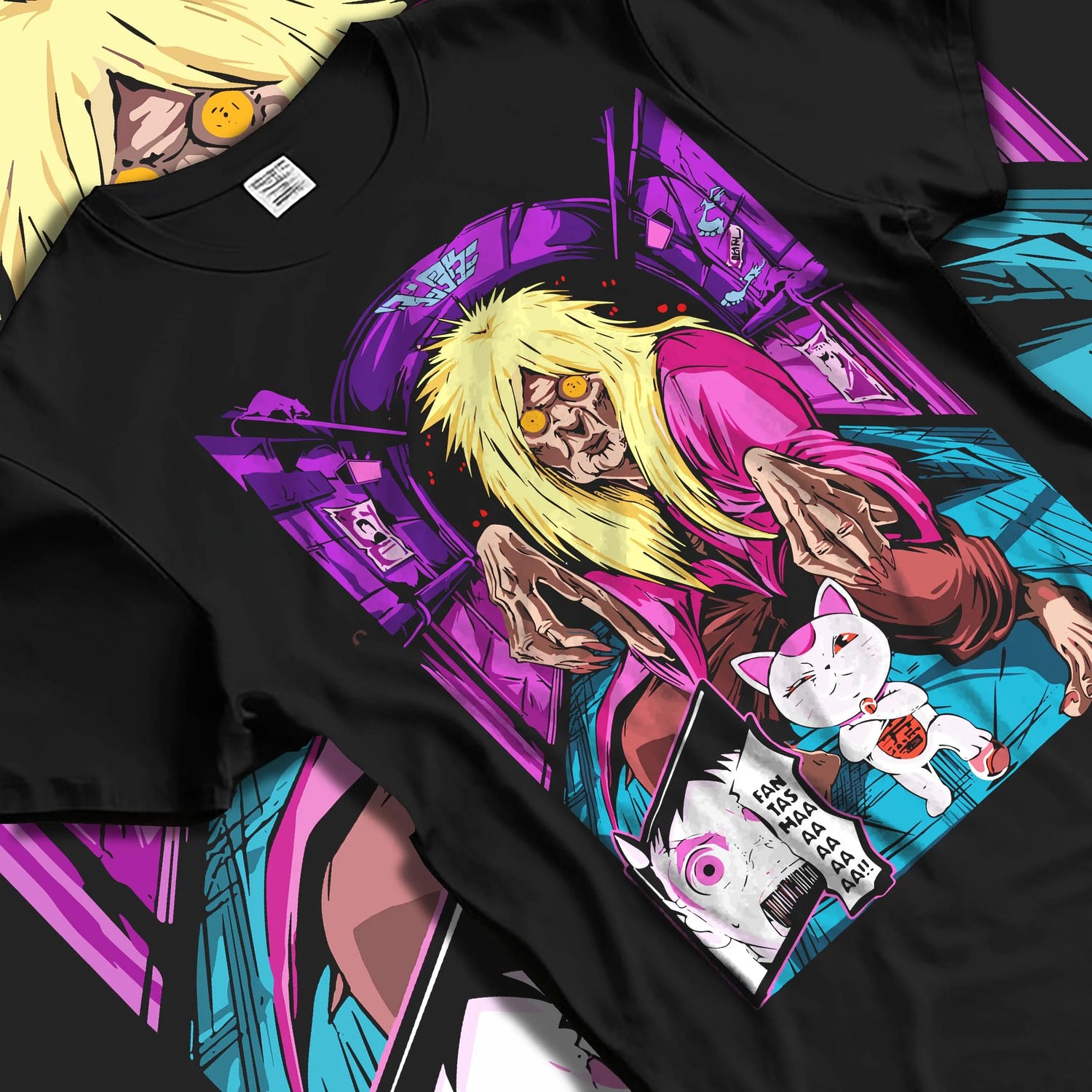 Black T-shirt laid flat with natural folds with Turbo Granny Hoodie Dandadan Cursed Spirit Anime graphic streetwear graphic.